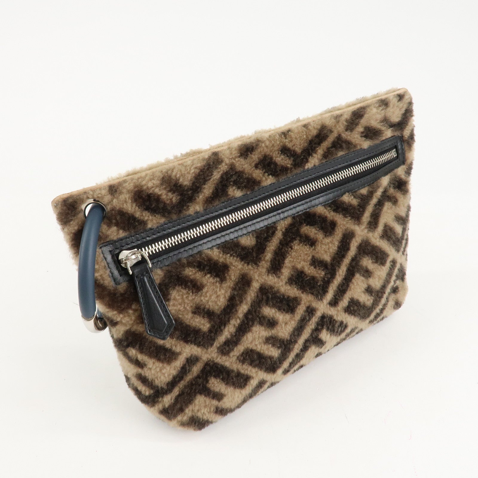 FENDI Zucca Wool Leather Clutch Bag Brown Black 7N0093