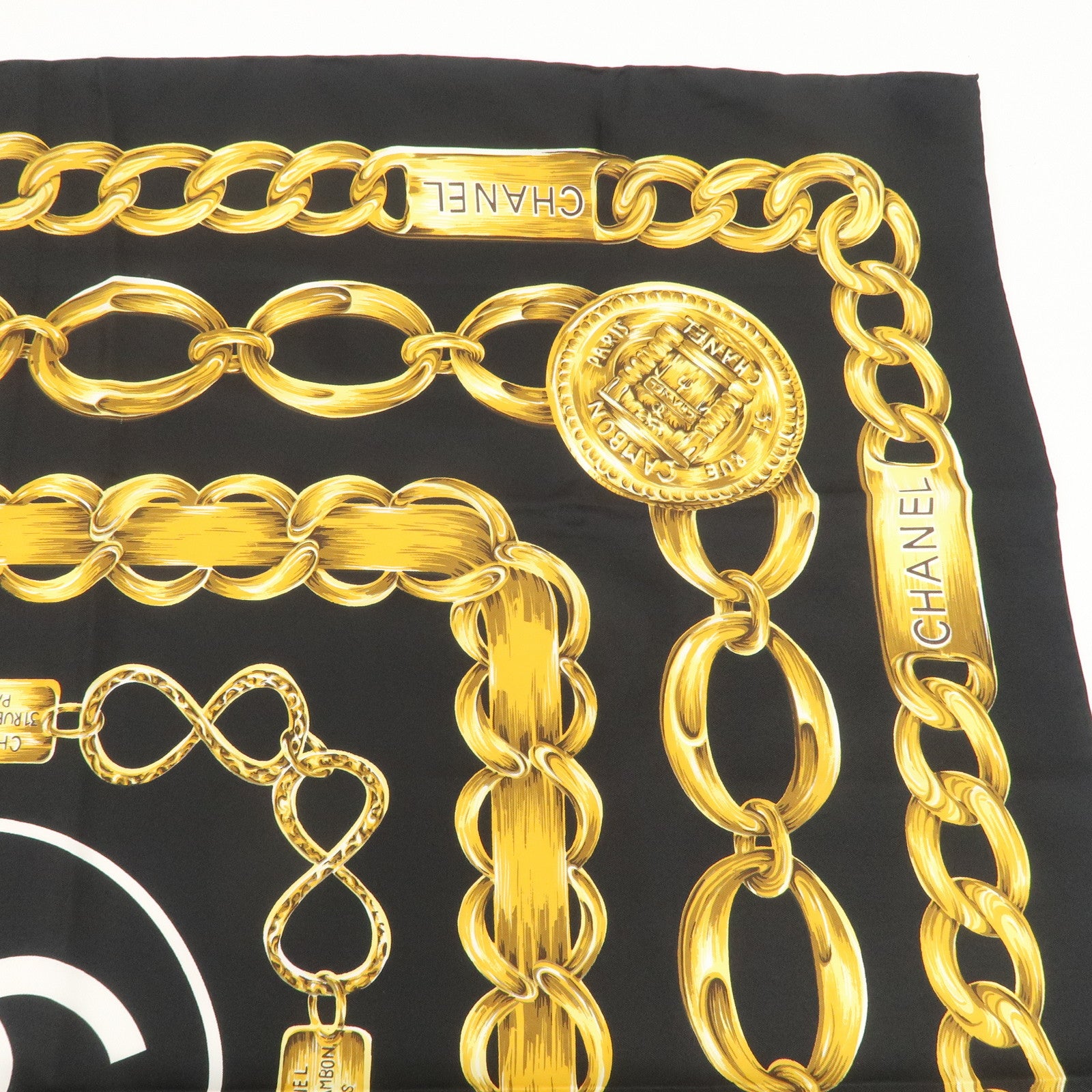 CHANEL Silk 100 % Scarf Coco Mark Chain Black Gold Used