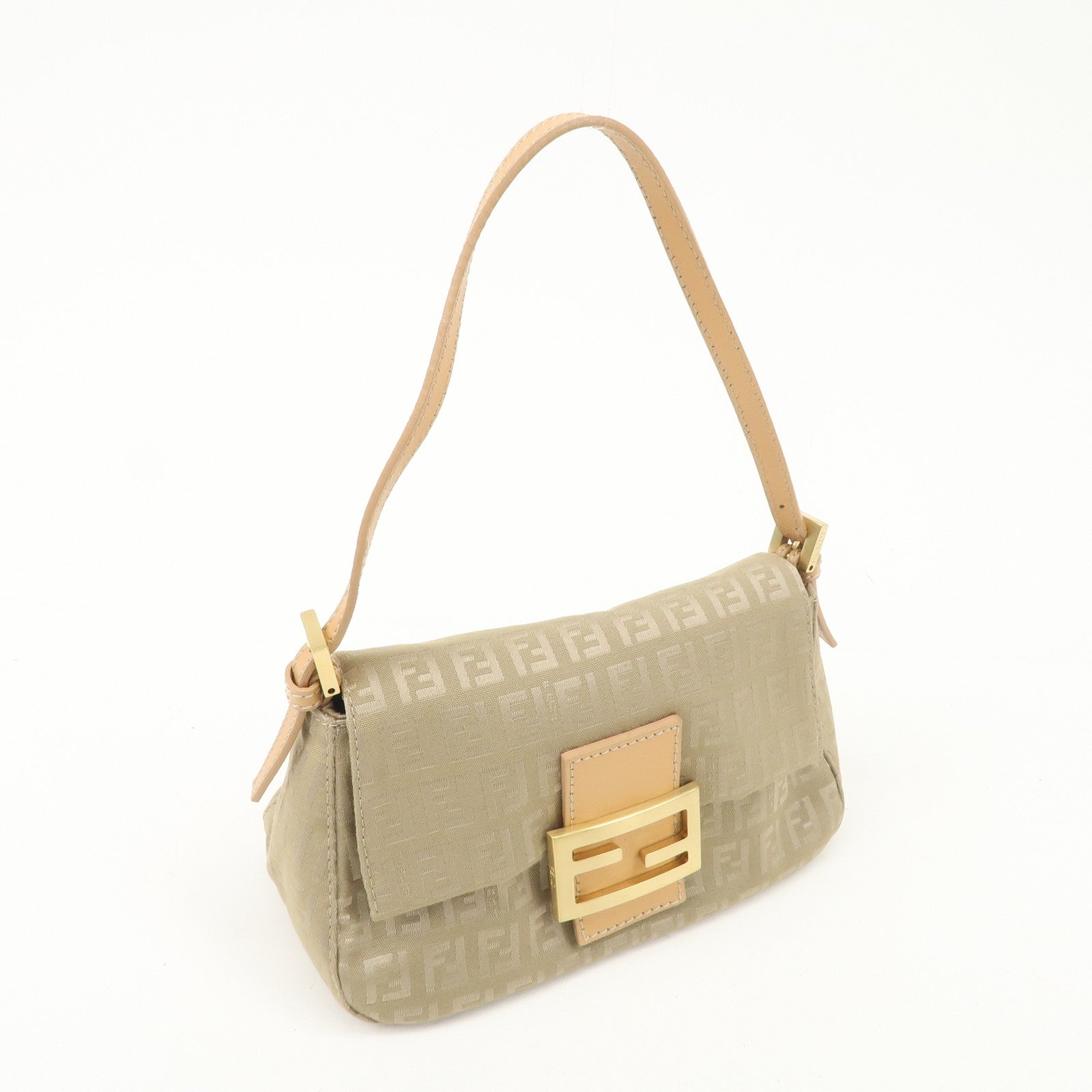 FENDI Mini Mamma Baguette Zucchino Canvas Leather Shoulder Bag Used