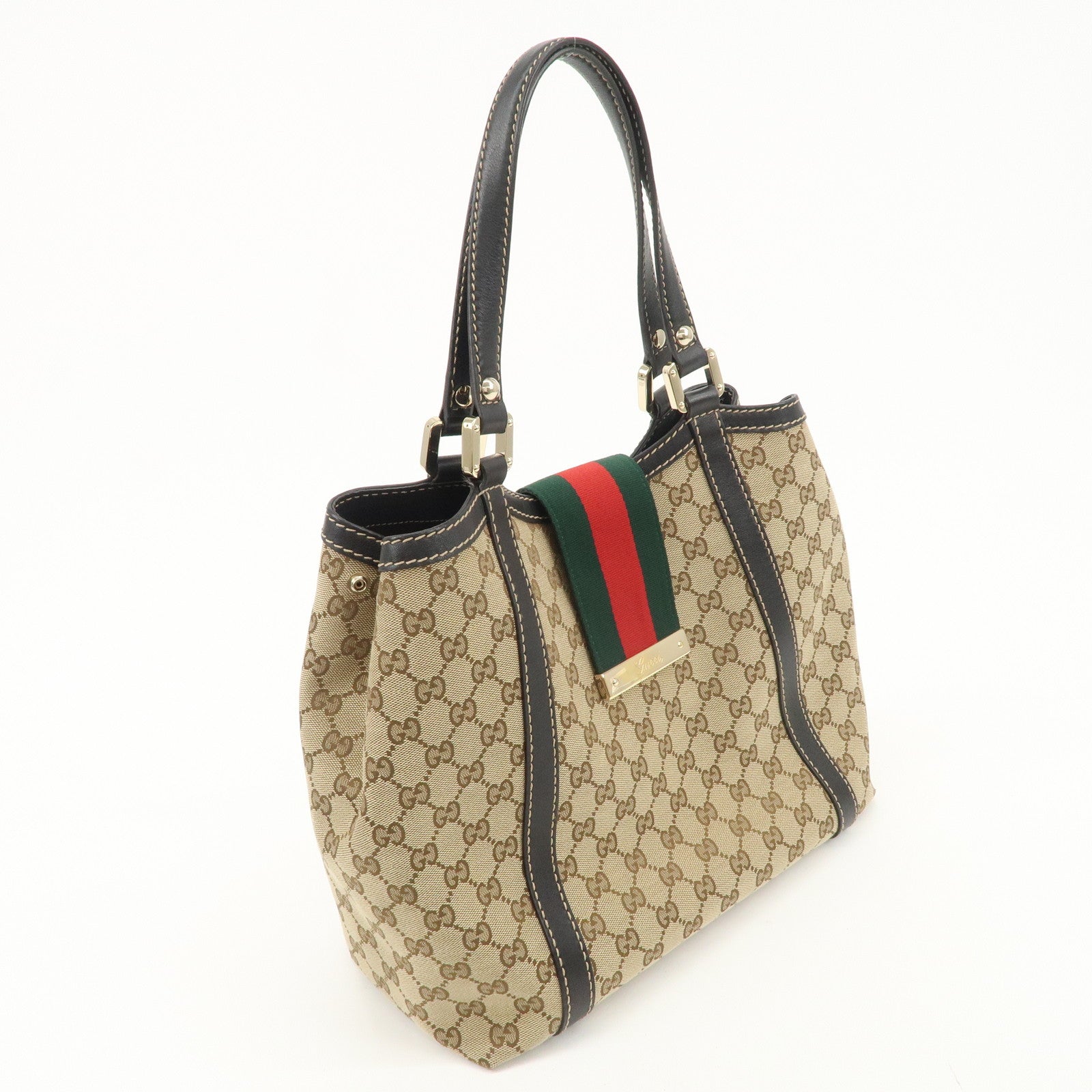 GUCCI Sherry GG Canvas Leather Tote Bag Beige Brown 233607