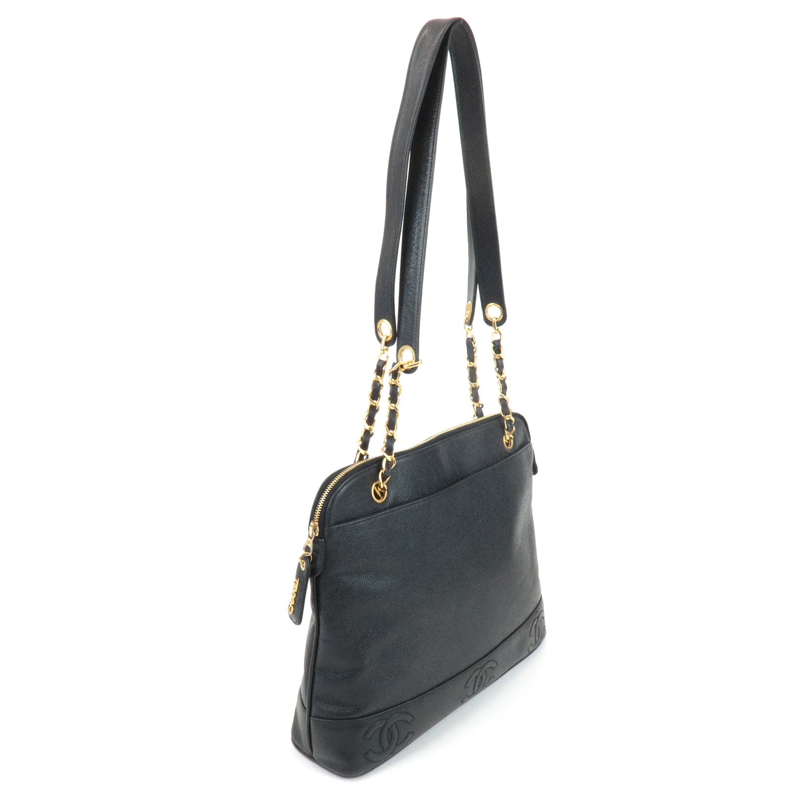 CHANEL Triple COCO Caviar Skin Chain Tote Bag Shoulder Bag Black Used