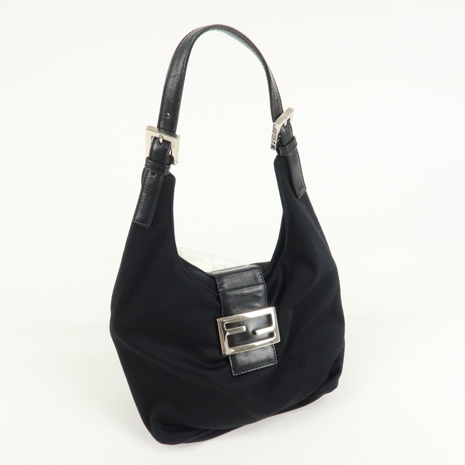 FENDI Cotton Leather Shoulder Bag Black 26686 Used