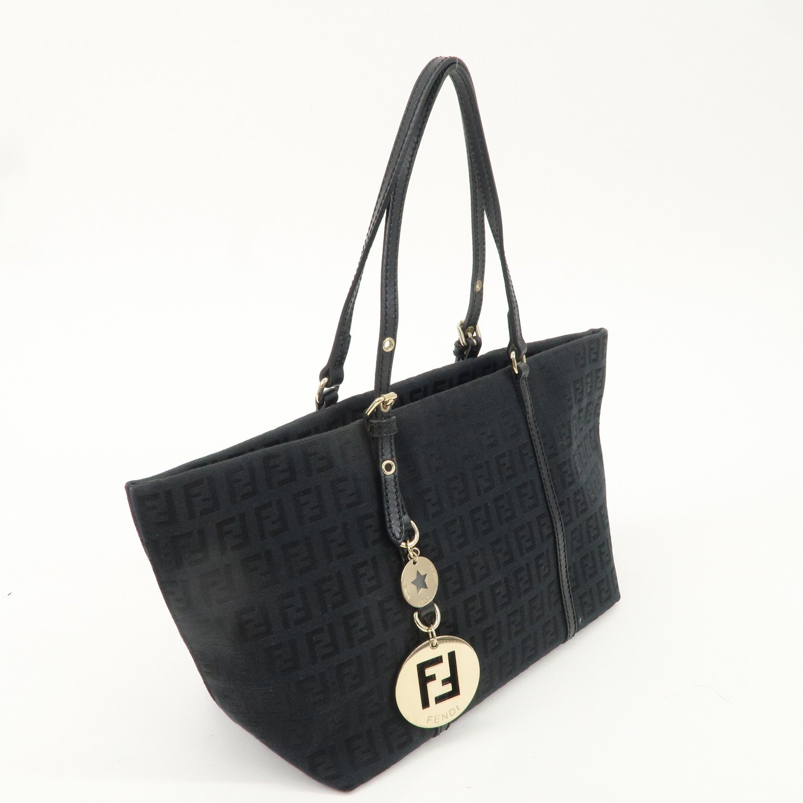 FENDI Zucchino Canvas Leather Tote Bag Hand Bag Black 8BH214