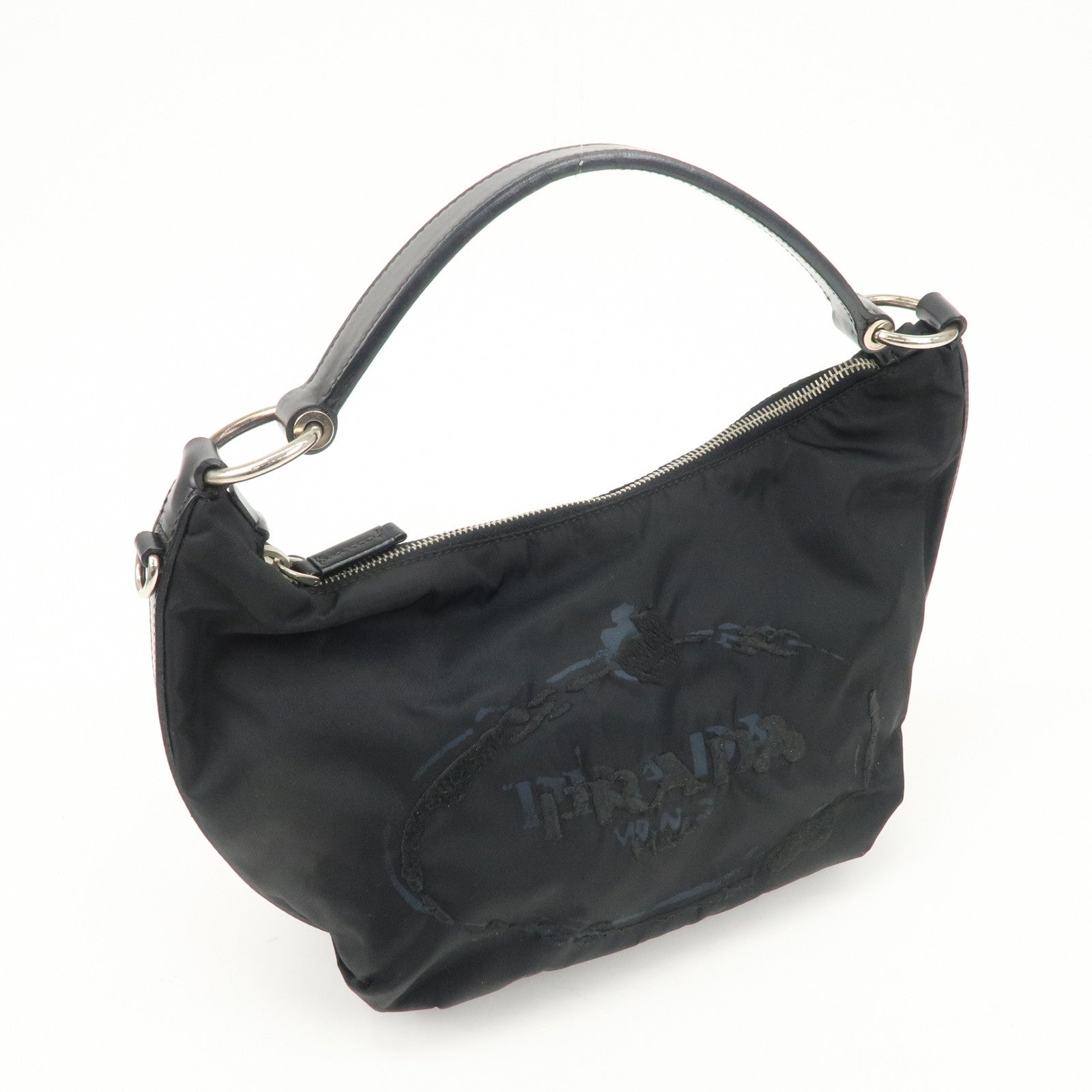 PRADA Nylon Leather Embroidery Shoulder Bag Hand Bag Black