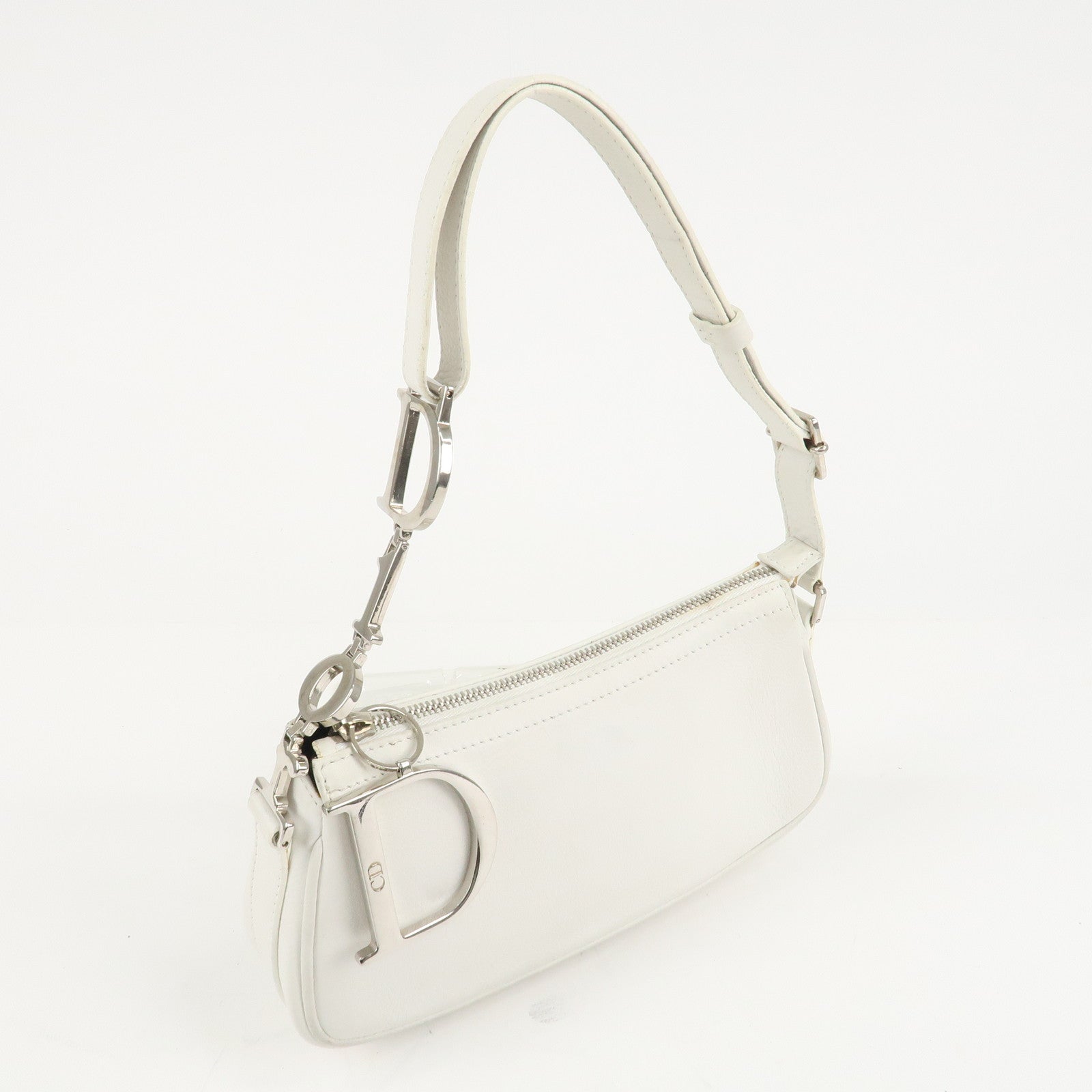 Christian Dior Canvas Leather Logo Charm Hand Bag White