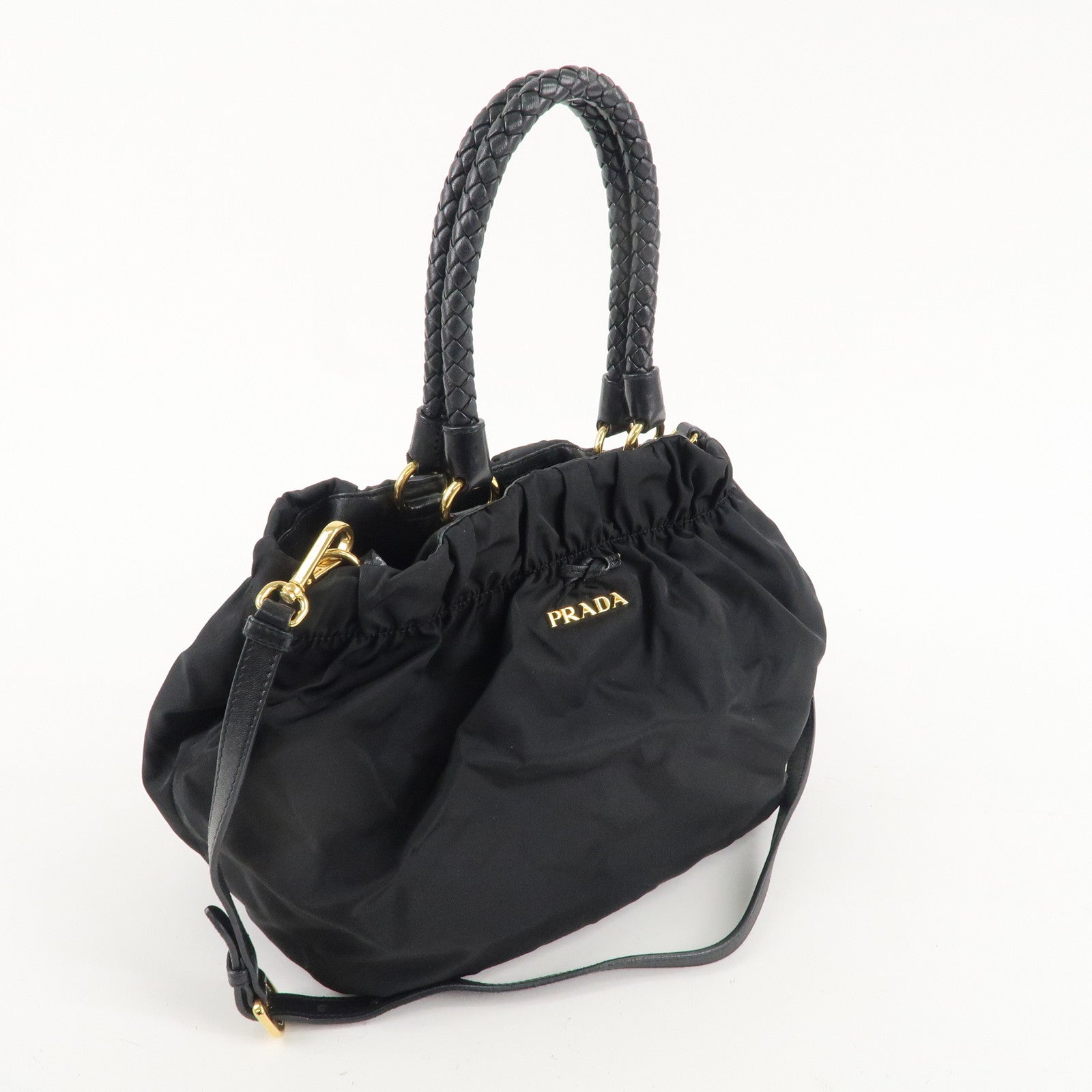 PRADA Nylon Leather Gather 2Way Bag Hand Shoulder Bag Black