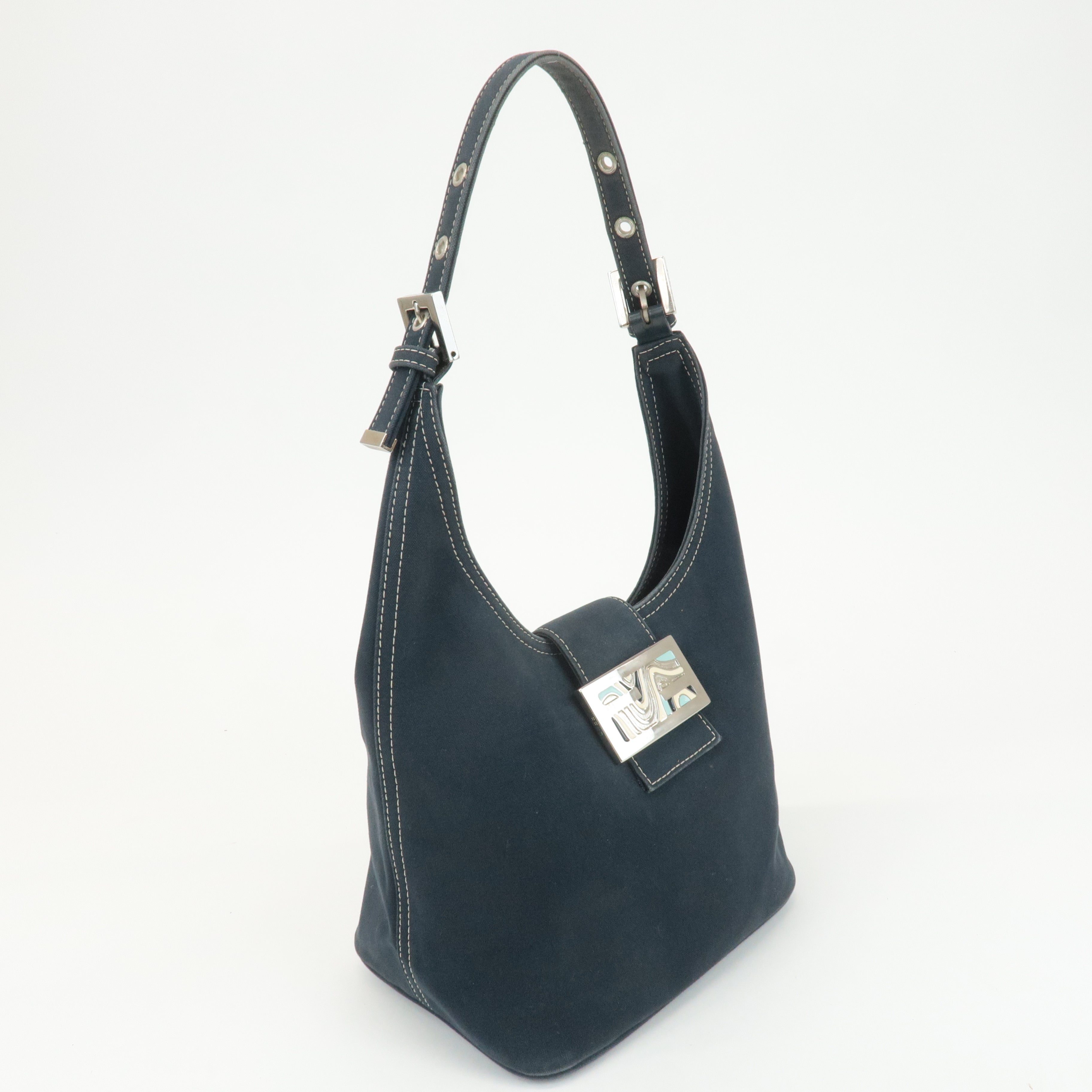 FENDI Canvas Leather One Shoulder Bag Hand Bag Navy Silver