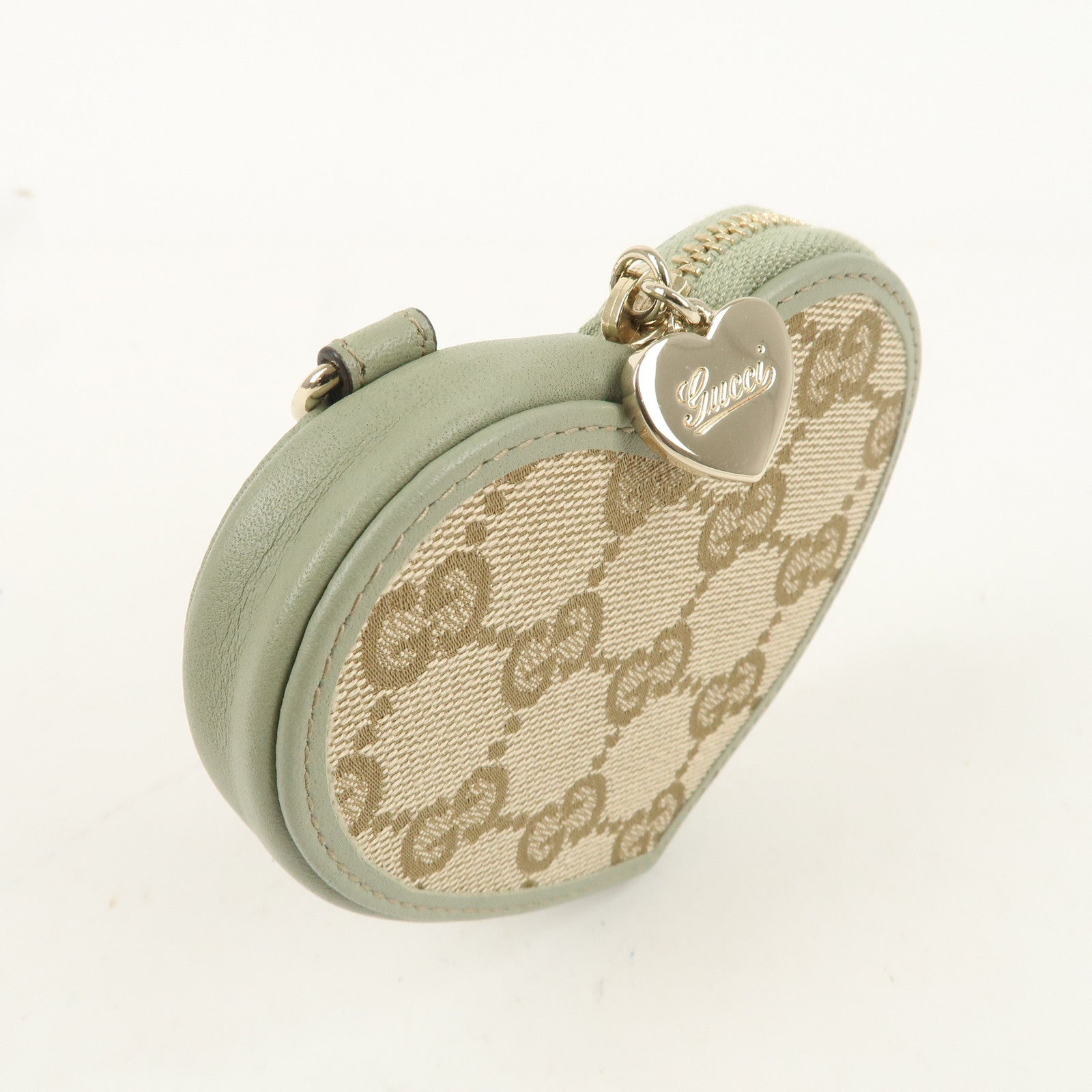 GUCCI GG Canvas Leather Heart Coin Case Wallet Light Green 152615