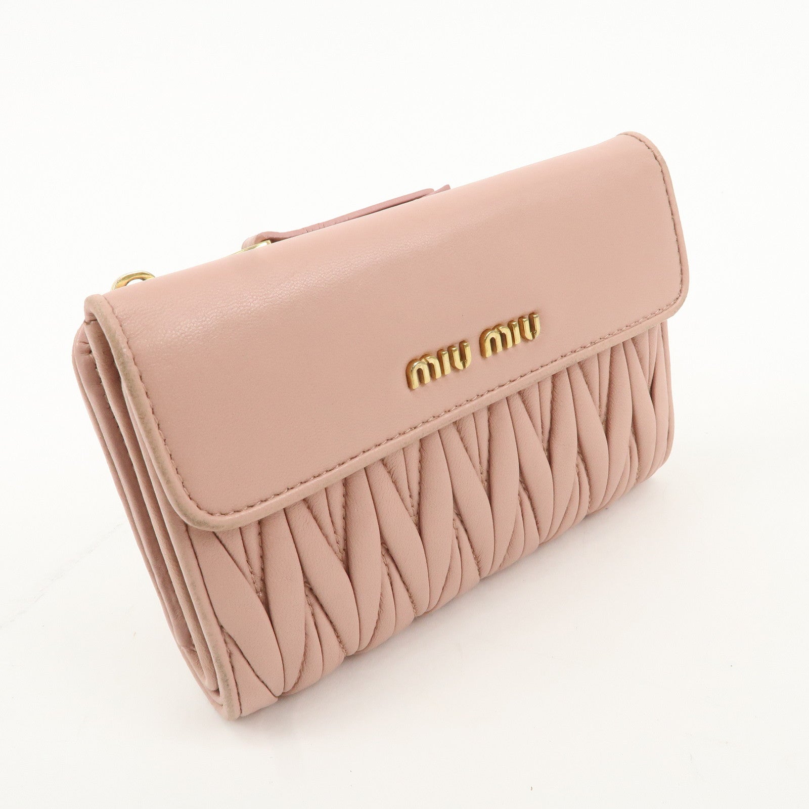 MIU MIU Matelasse Leather Round Zipper Bi-fold Wallet Pink