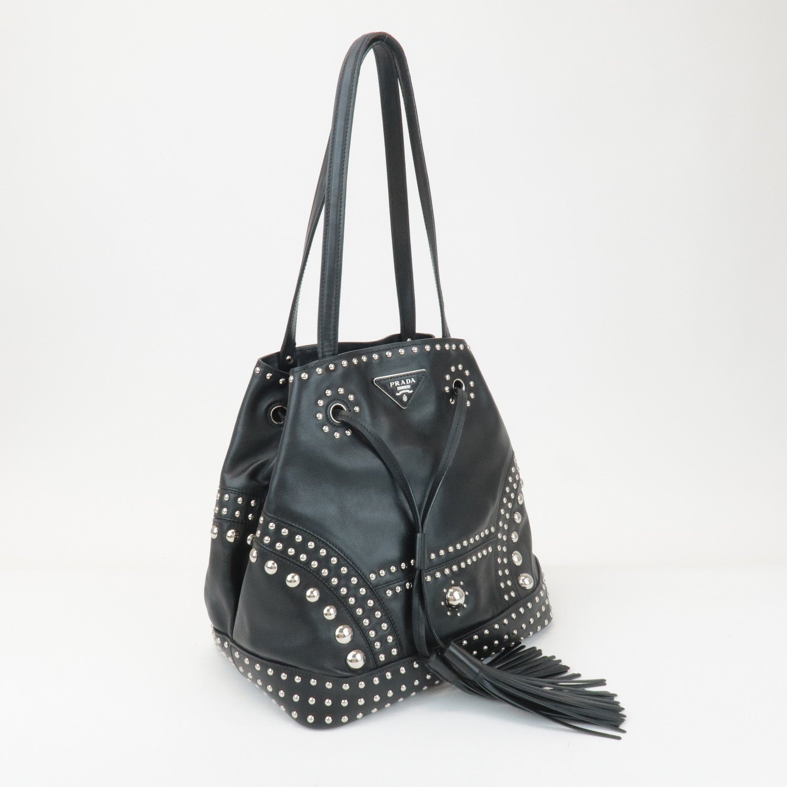 PRADA Calf Leather Drawstring Shoulder Bag Studs Tassel B5061M