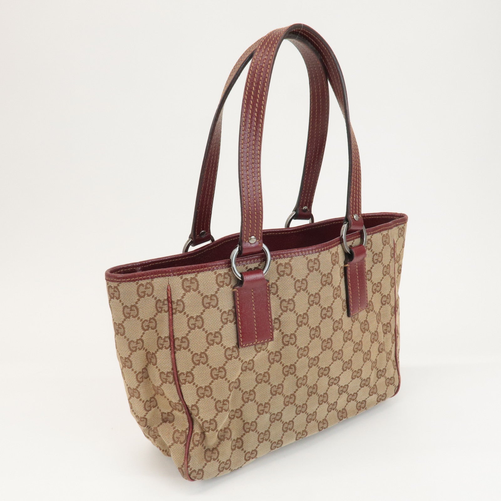 GUCCI GG Canvas Leather Tote Bag Hand Bag Beige Bordeaux 113019