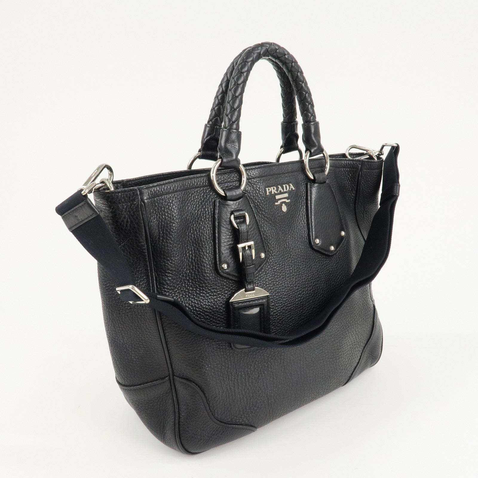 PRADA Leather 2 Way Bag Tote Bag Black Silver Hardware