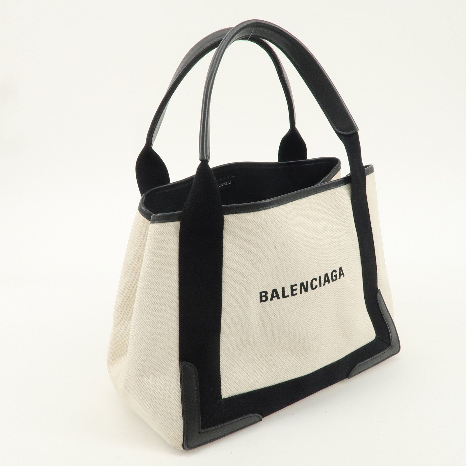 BALENCIAGA Navy Cabas S Canvas Leather Tote Bag Ivory Black 339933