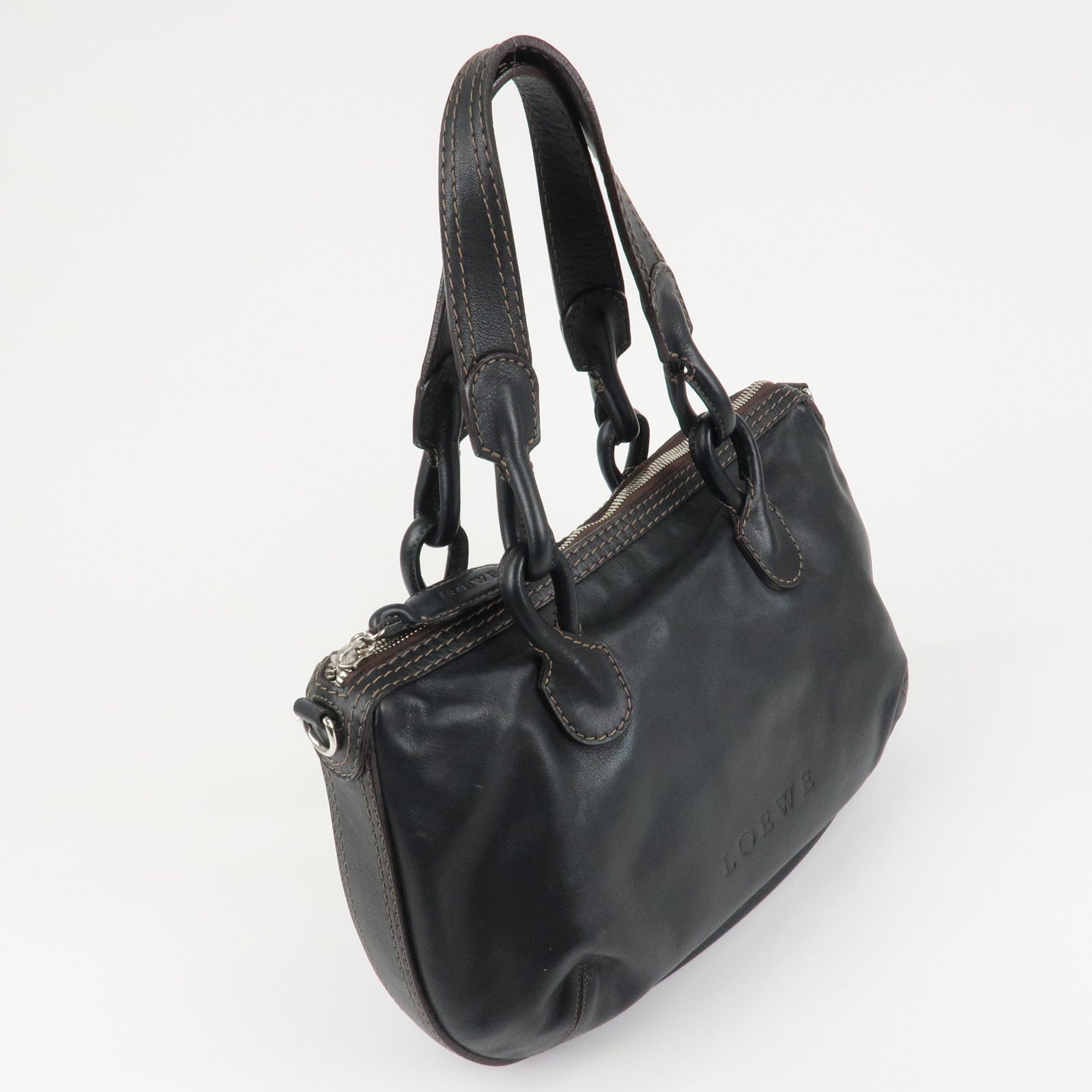 LOEWE Sangria Leather 2Way Tote Bag Black Silver Hardware Used