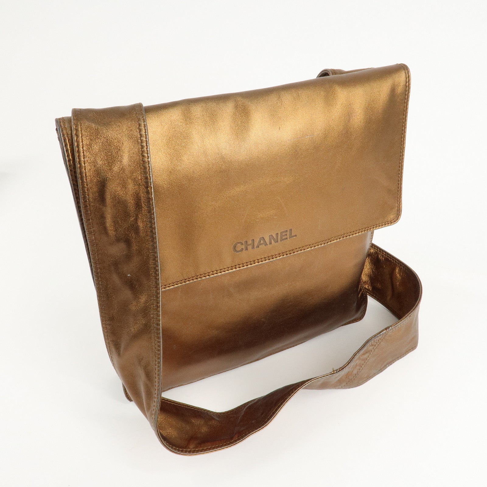 CHANEL Leather Logo Shoulder Bag Hand Bag Gold