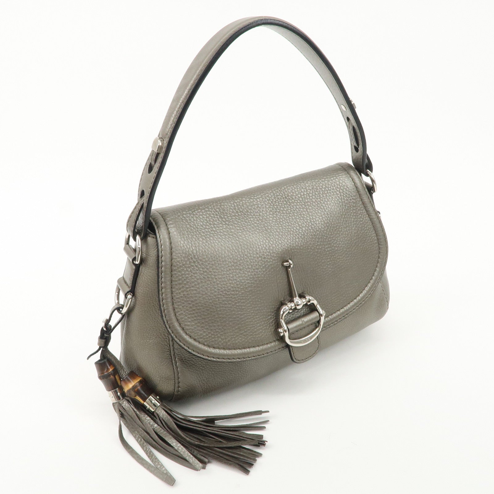 GUCCI Bamboo Horsebit Leather Shoulder Bag Gray 240266