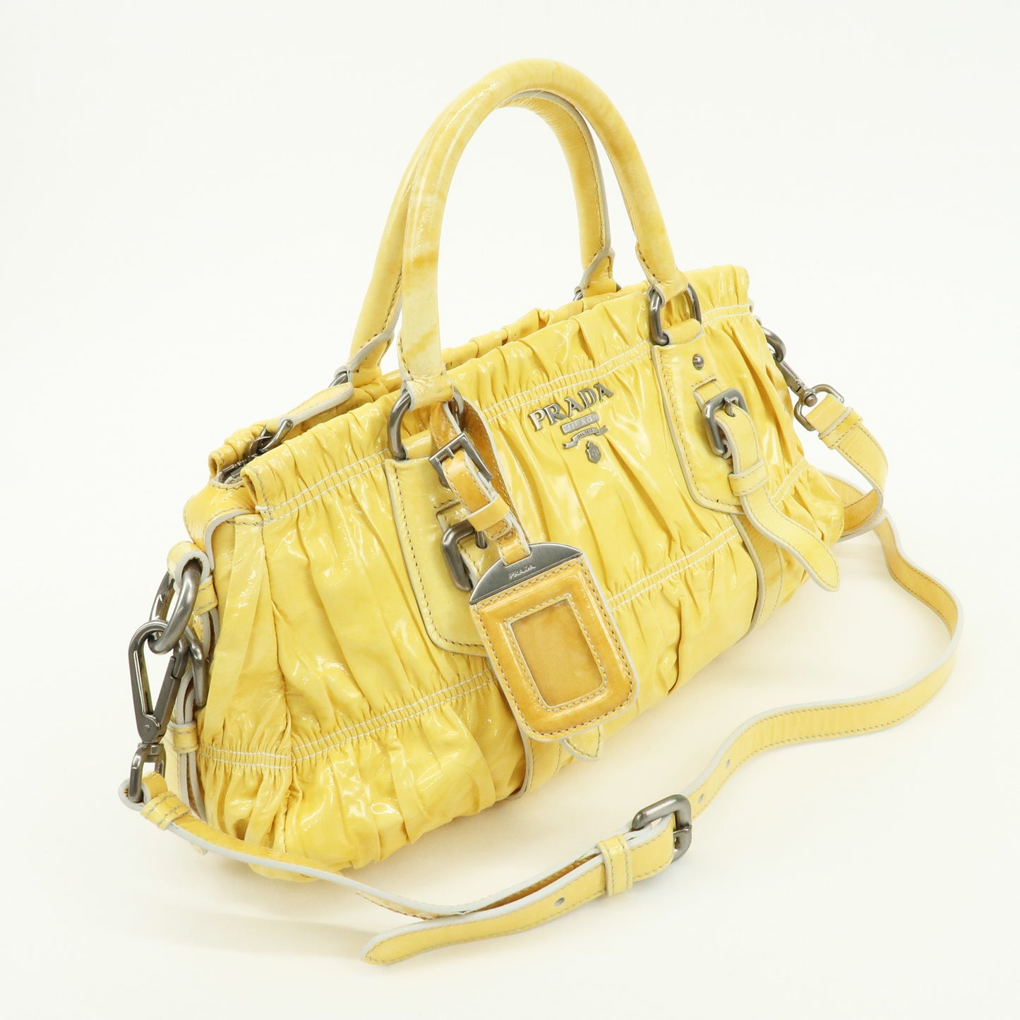 PRADA Patent Leather Gather 2Way Bag Shoulder Hand Bag Yellow