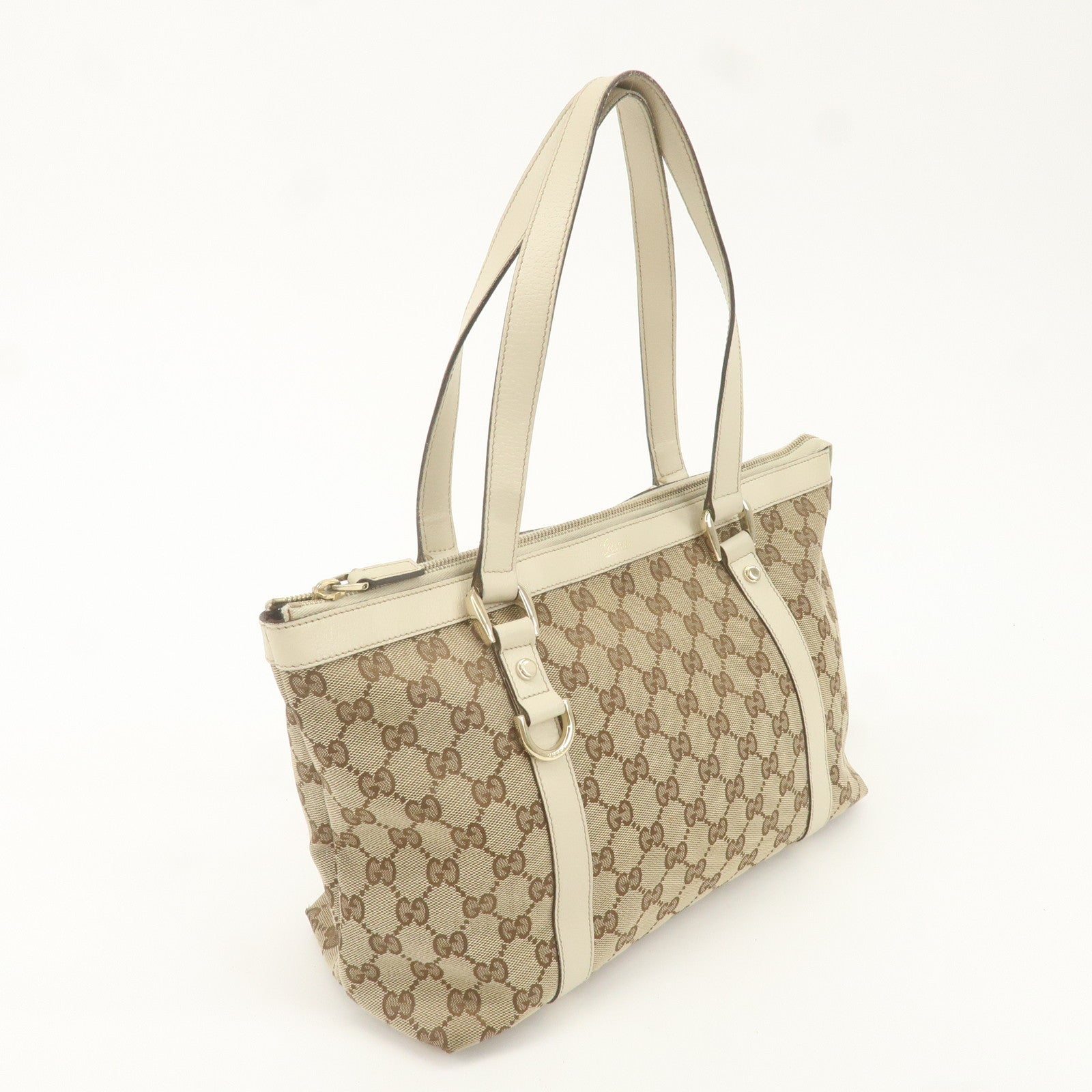 GUCCI Abbey GG Canvas Leather Tote Bag Beige Ivory 141470