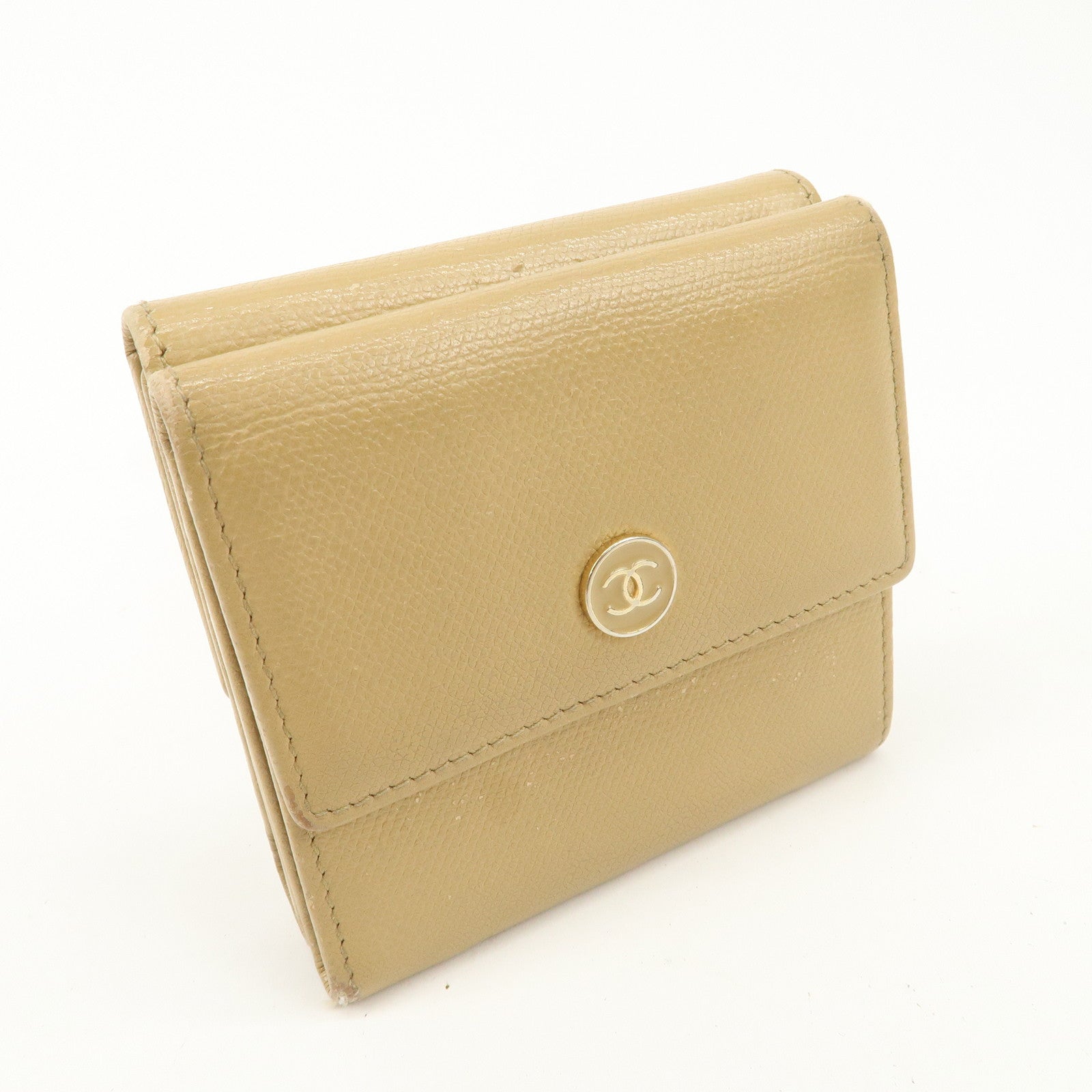 CHANEL Leather COCO Botton W Hook Wallet Beige Used