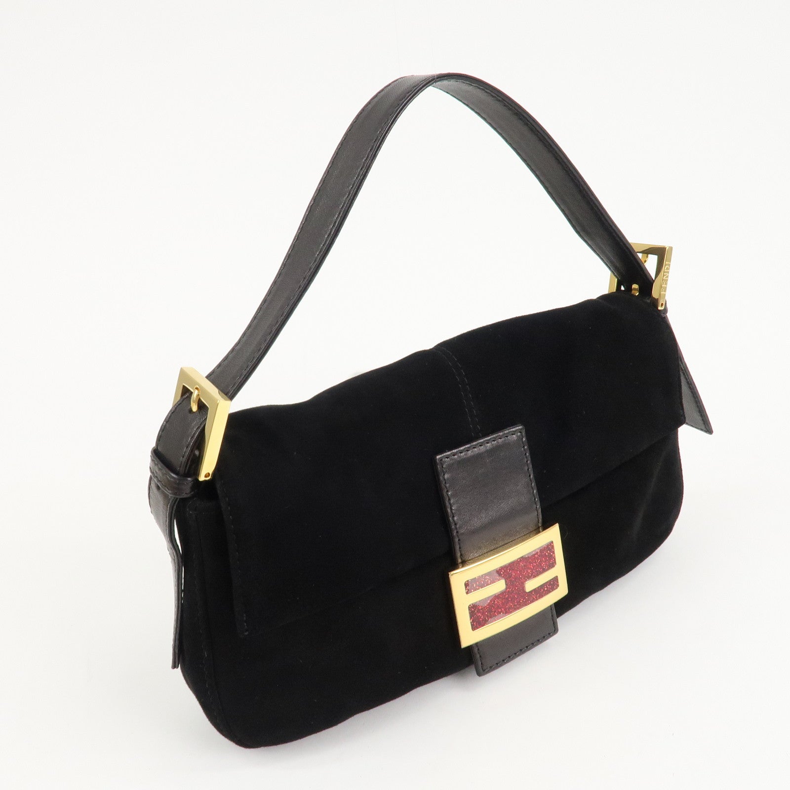 FENDI Mamma Baguette Suede Leather Shoulder Bag Black 26424