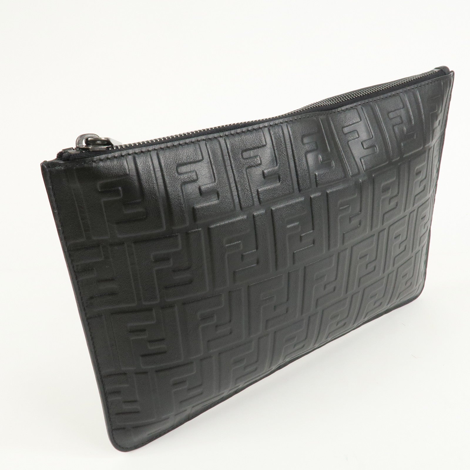 FENDI Zucca Leather Clutch Bag Hand Bag  Black 7N0078 Used