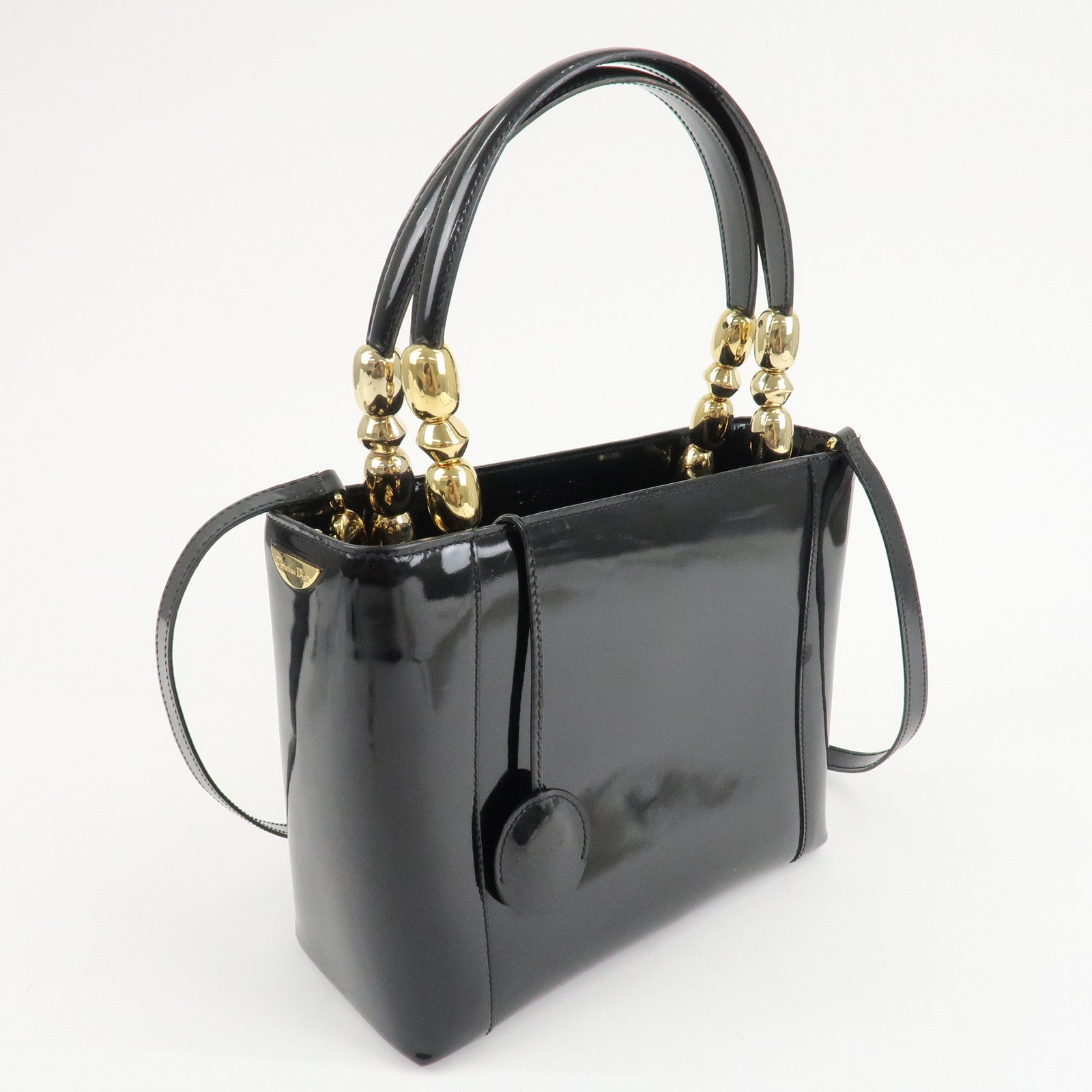 Christian Dior Maris Pearl Patent Leather Tote Bag Black