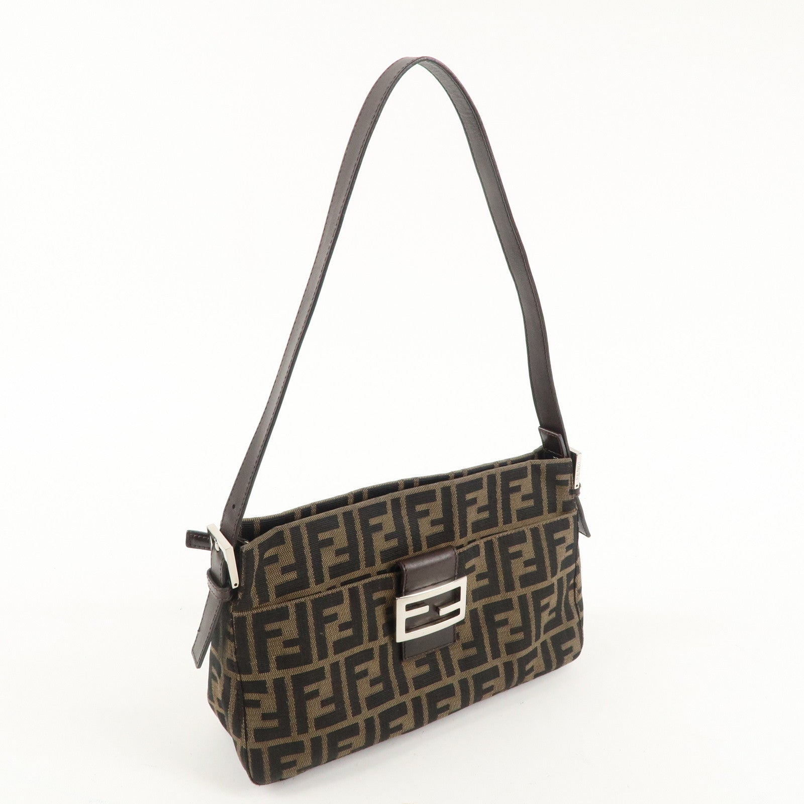 FENDI Zucca Canvas Leather Shoulder Bag Khaki Brown Black 26566