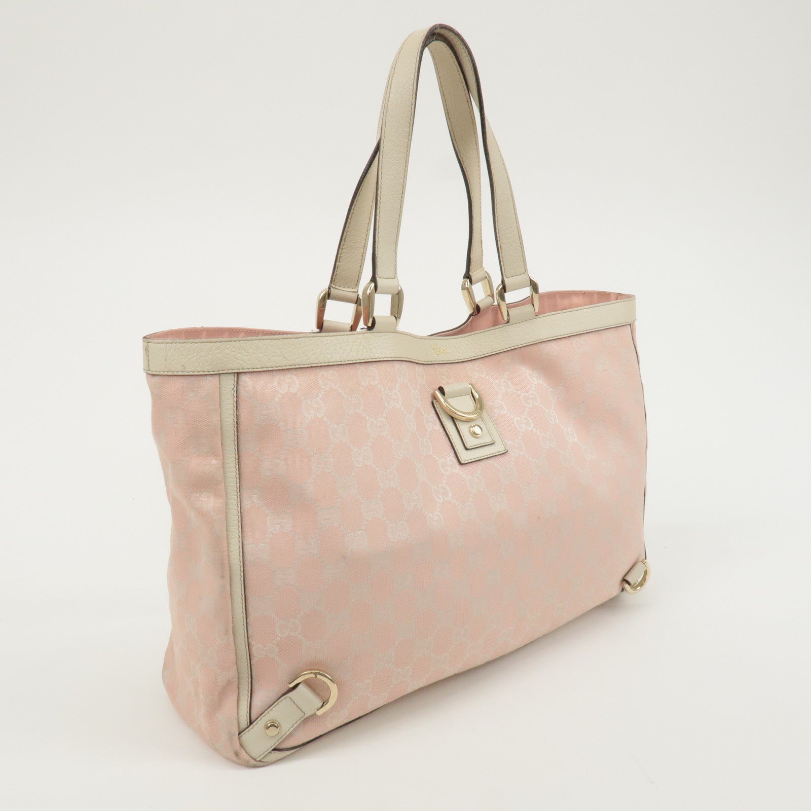 GUCCI Abbey Line GG Canvas Leather Tote Bag Pink Ivory 141472