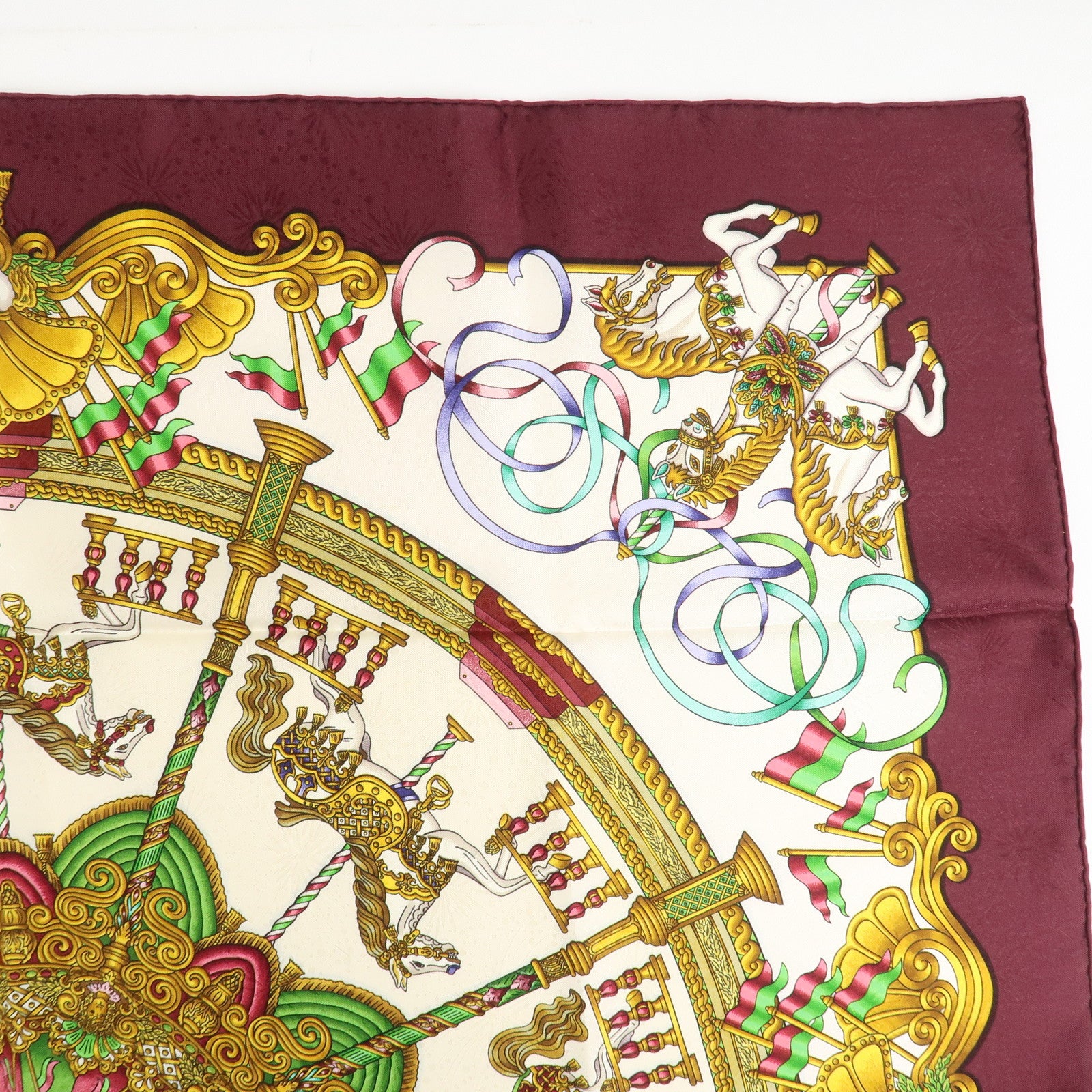 HERMES Carre 90 Silk 100% Scarf LUNA PARK Wine Red White Yellow Used