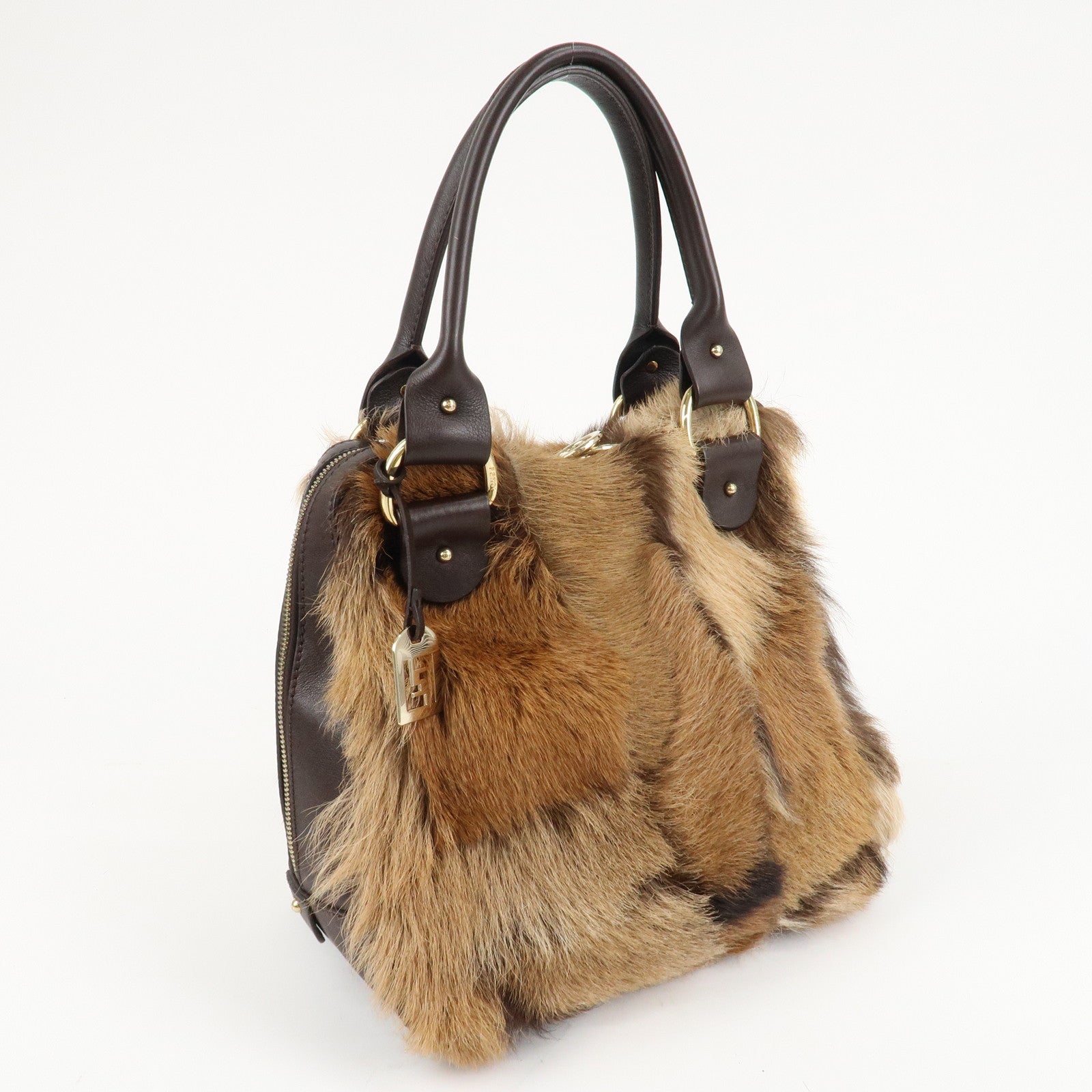 FENDI Fur Leather Tote Bag Hand Bag Shoulder Bag Brown 8BR286 Used