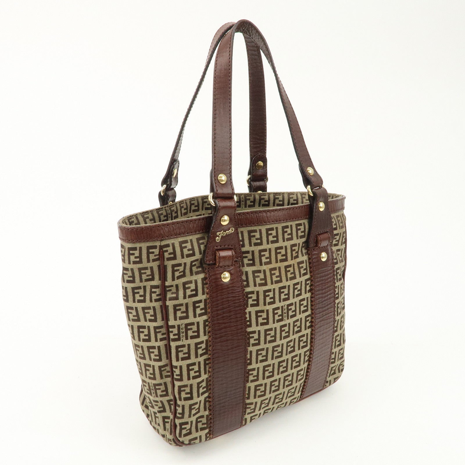 FENDI Zucchino Canvas Leather Tote Bag Khaki Brown 8BH161 Used