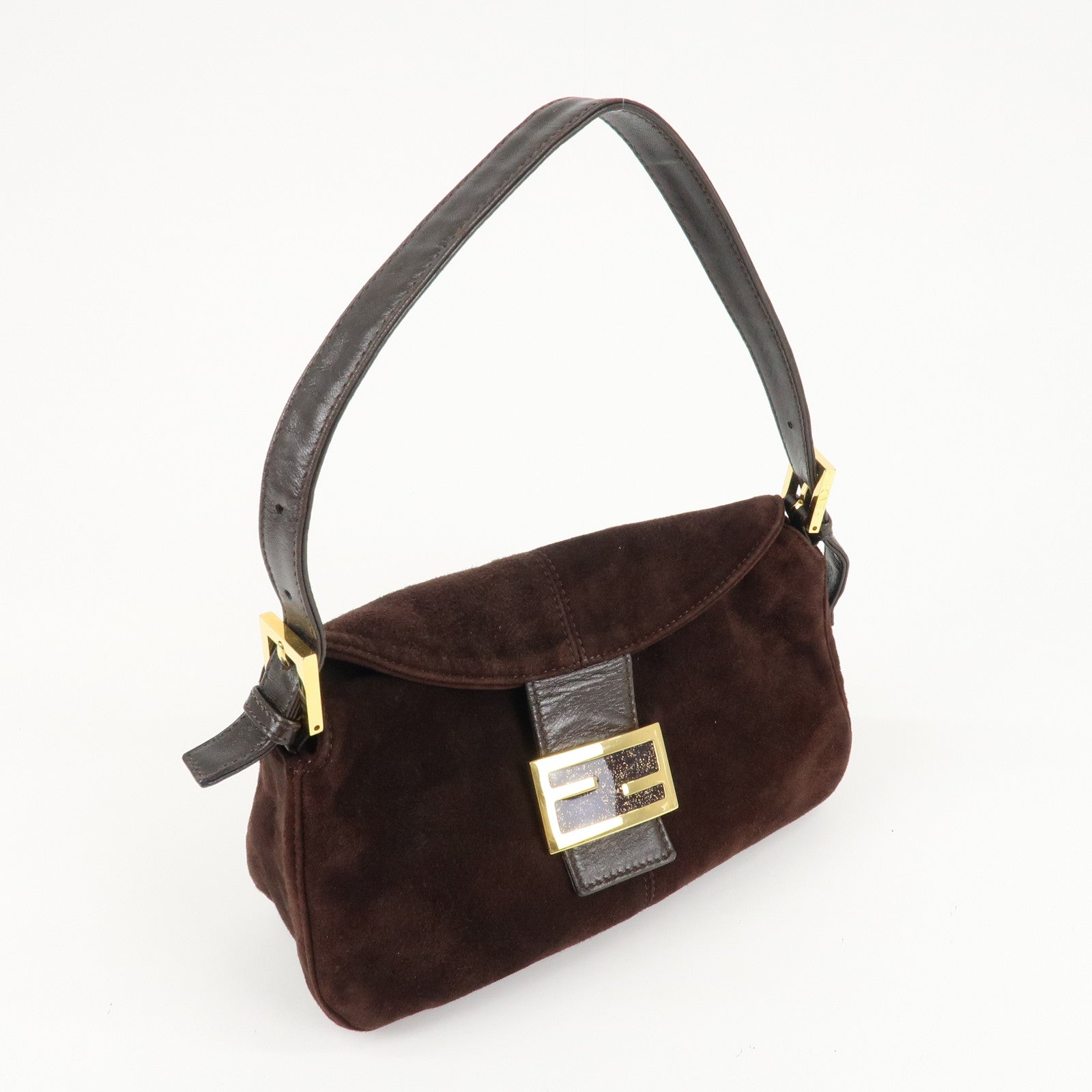 FENDI Suede Semi-Shoulder Bag Hand Bag Dark Brown Gold HDW 26725