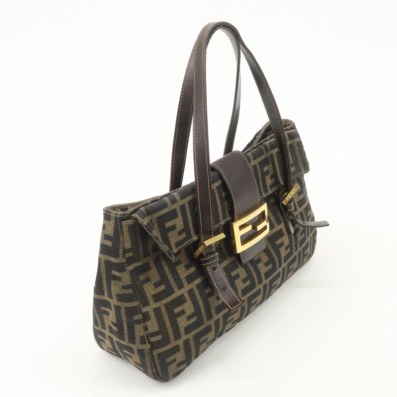 FENDI Zucca Canvas Leather Hand Bag Brown Black Gold Hardware Used