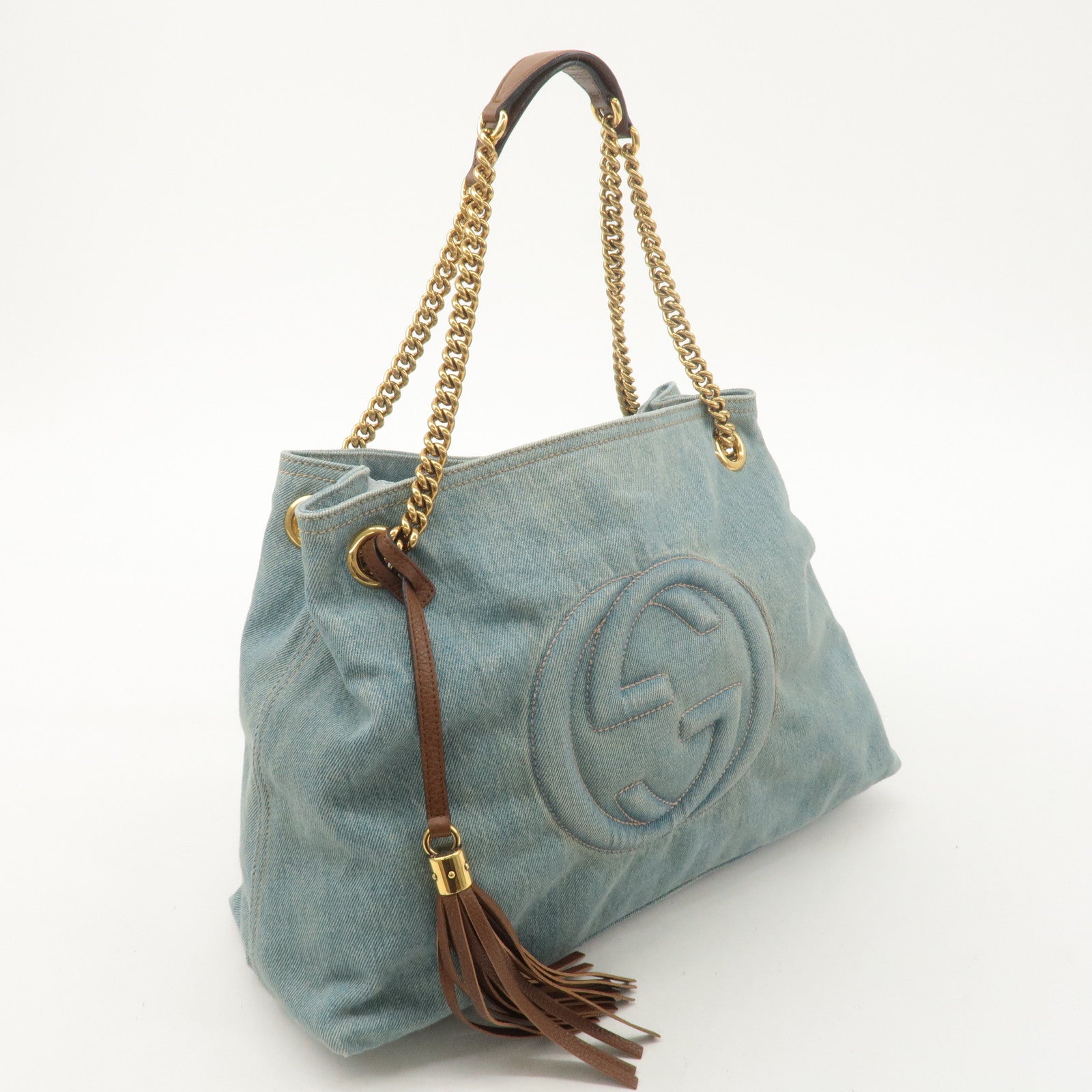 GUCCI SOHO Interlocking G Denim Leather Chain Tote Bag 308982