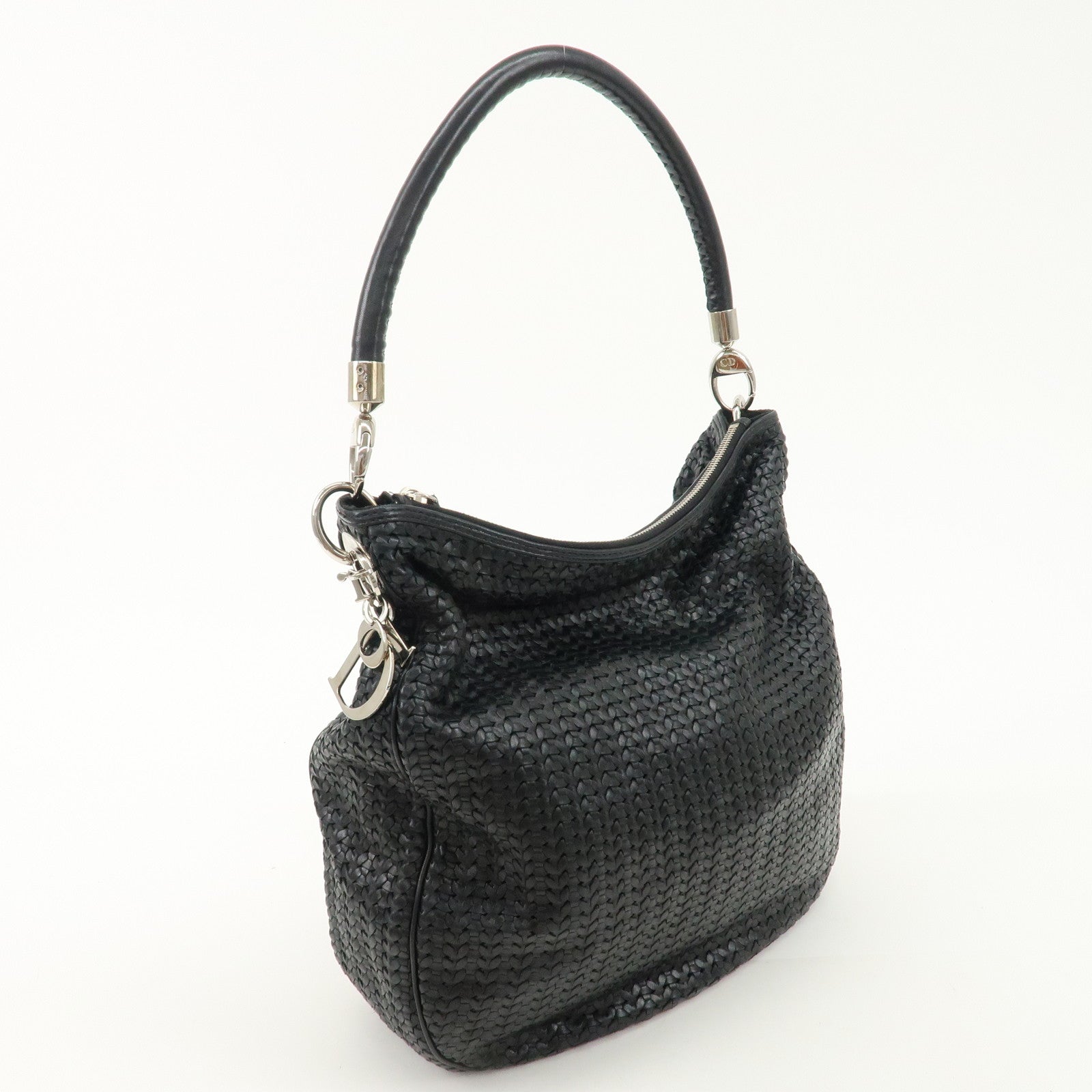 Christian Dior Woven Leather One Shoulder Bag Black Silver HDW