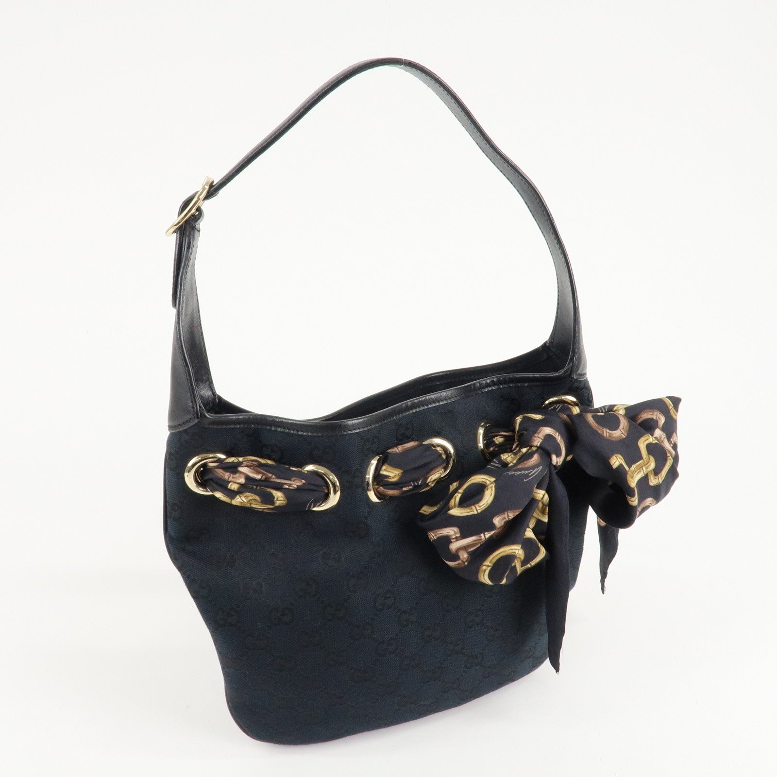 GUCCI GG Canvas Leather Scarf Shoulder Bag 155562 Black