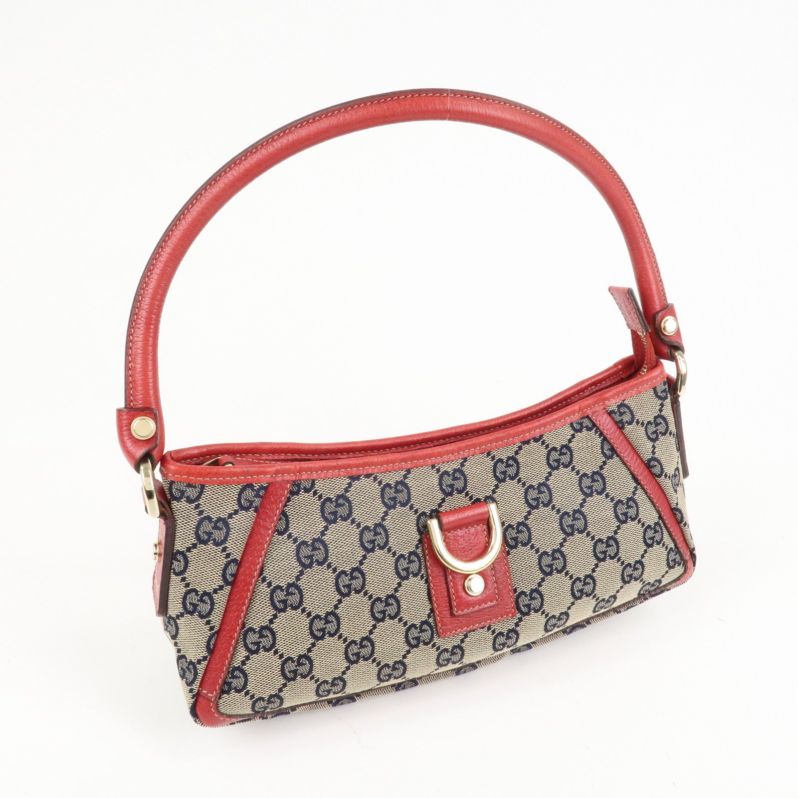 GUCCI Abbey GG Canvas Leather Shoulder Bag Beige Navy Red 130939 Used