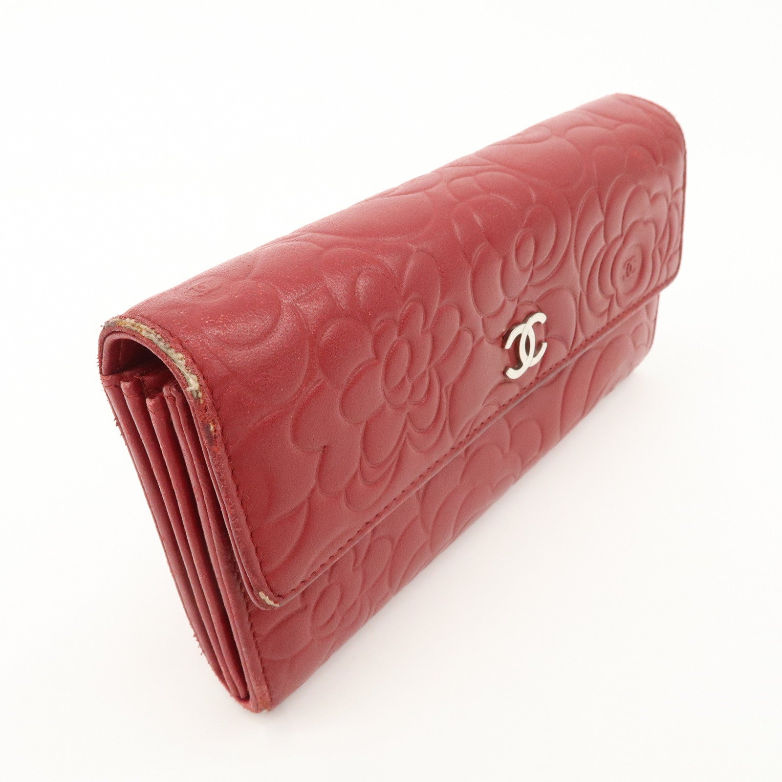 CHANEL Camelia Lamb Skin Bi-fold Long Wallet Red Used