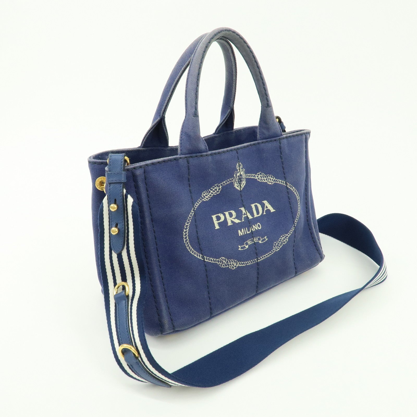 PRADA Canapa Mini Canvas 2Way Bag Hand Shoulder Bag Navy 1BG439