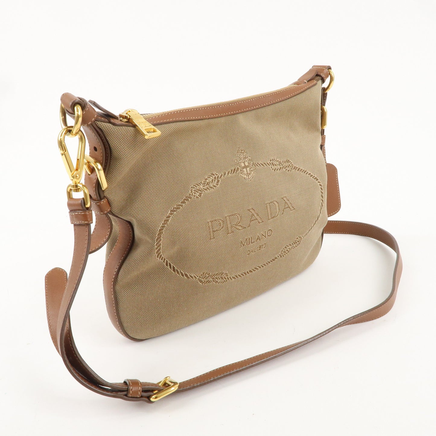 PRADA Logo Jacquard Leather Shoulder Bag Beige Brown BT0706