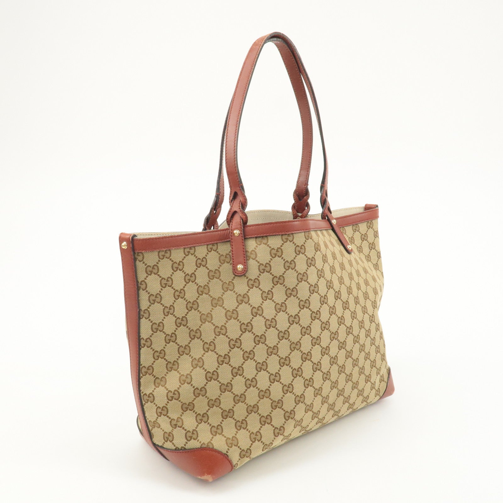 GUCCI GG Canvas Leather Tote Bag Beige Brown 247209