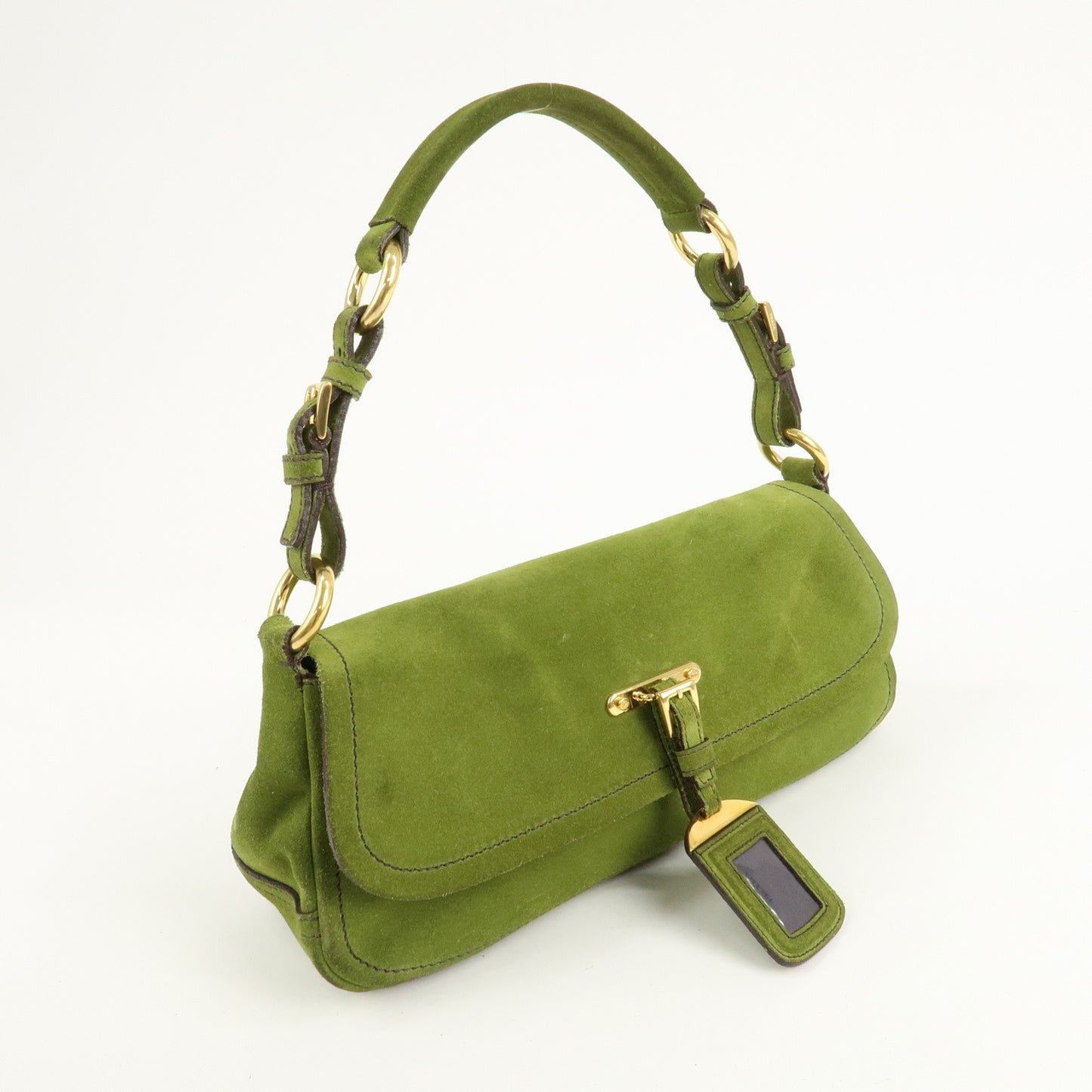 PRADA Suede One Shoulder Bag Green Gold Hardware