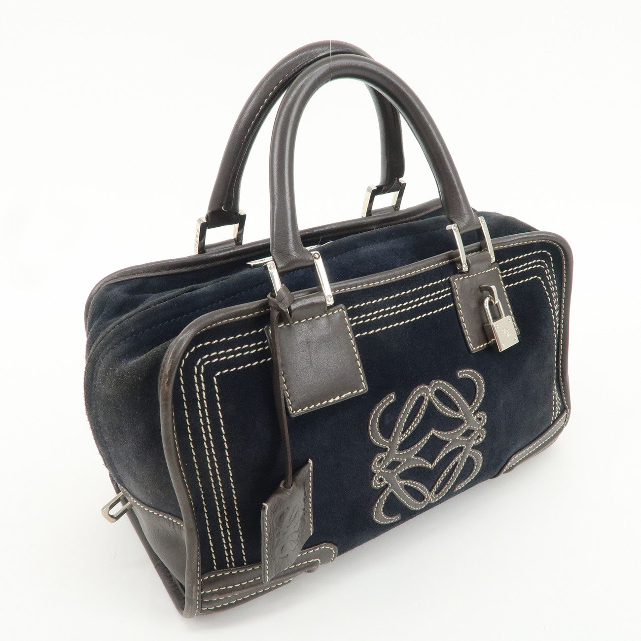 LOEWE Leather Suede Amasona28 Hand Bag Navy Brown