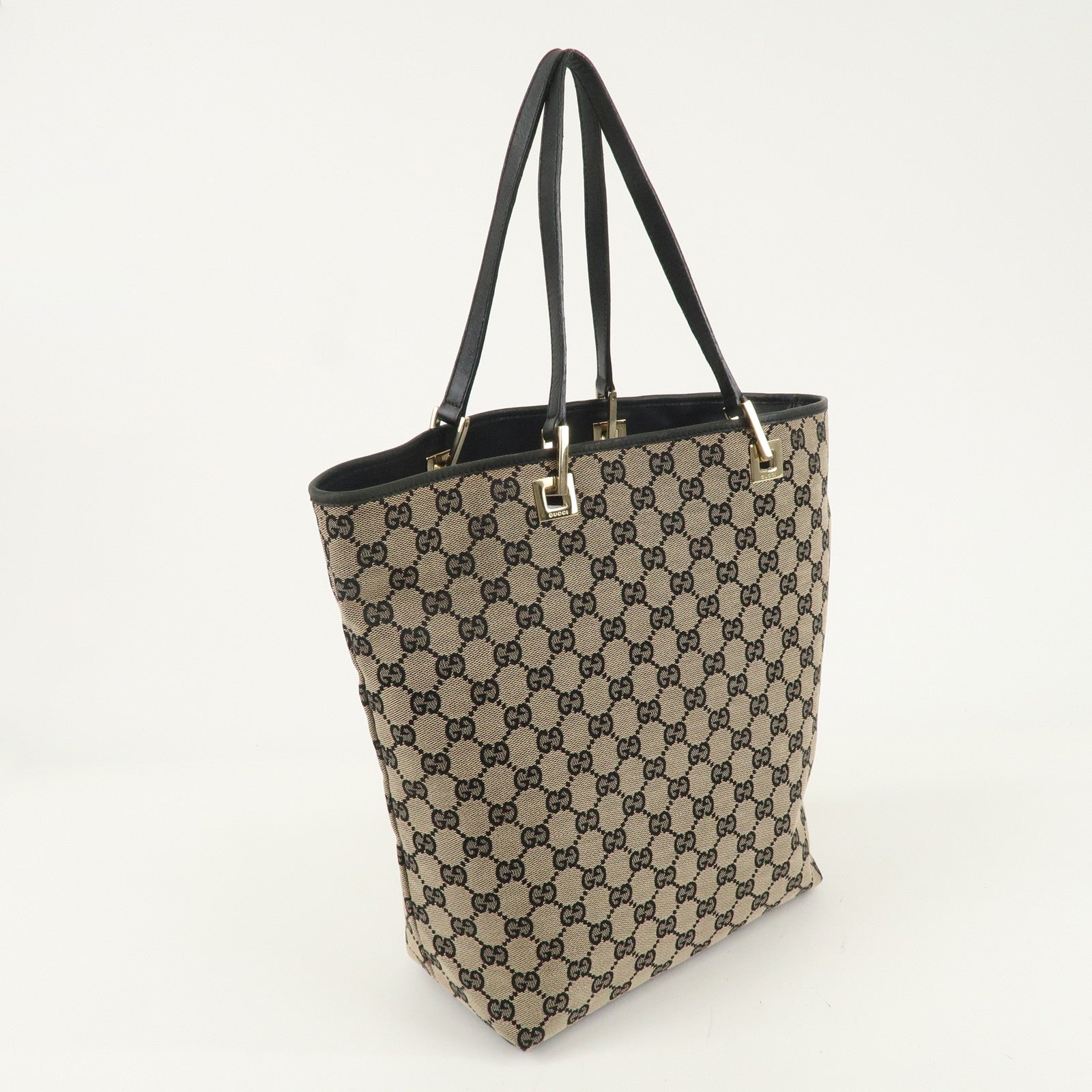 GUCCI GG Canvas Leather Tote Shoulder Bag Beige Black 002.1098