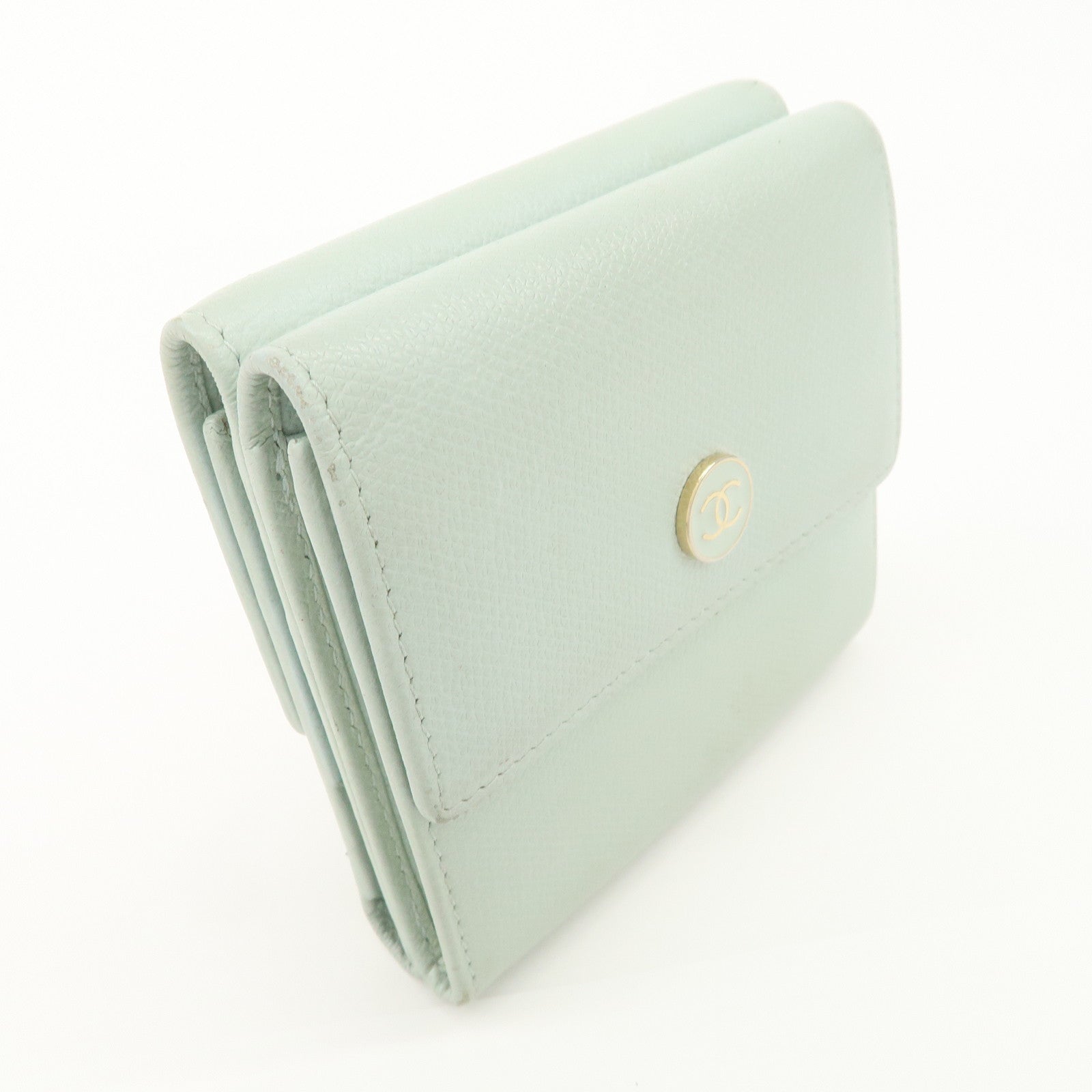 CHANEL COCO Button Leather Double Hook Wallet Mint blue A20902 Used