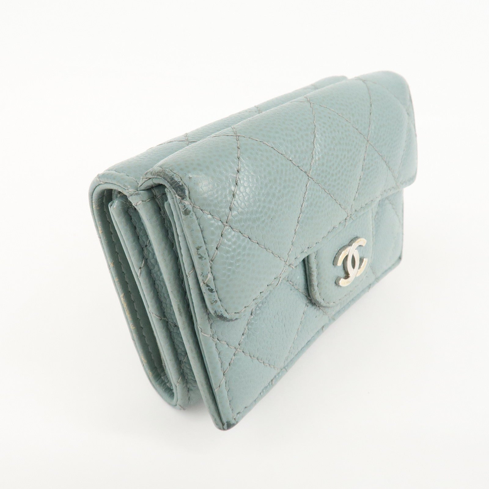 CHANEL Matelasse Caviar Skin Tri-fold Wallet Blue 60809 Used