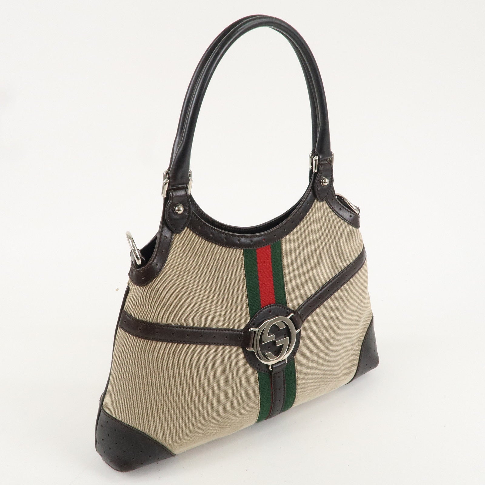 GUCCI Sherry Interlocking G Canvas Leather Bag Beige Brown 114875