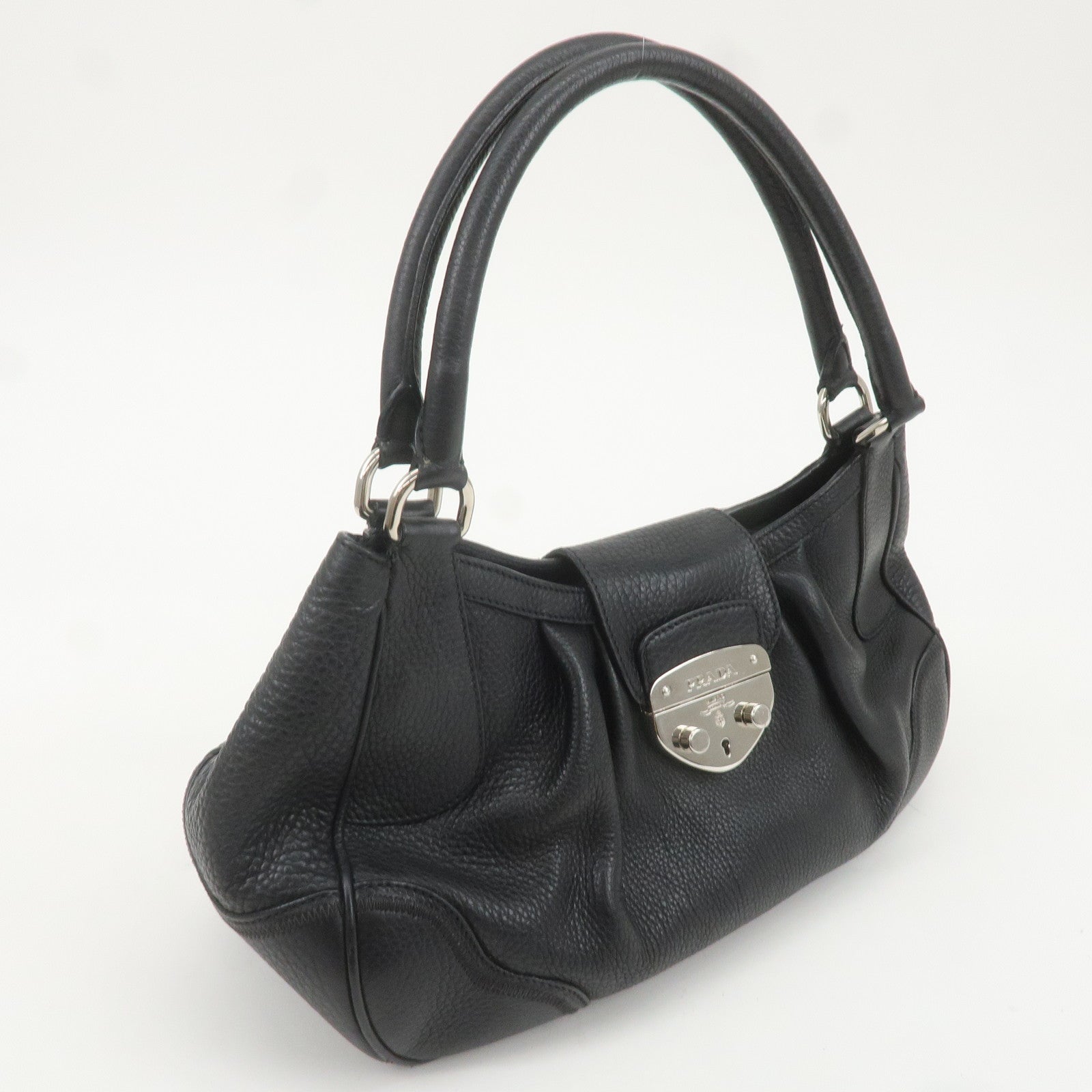 PRADA Leather Shoulder Bag Black Silver Hardware