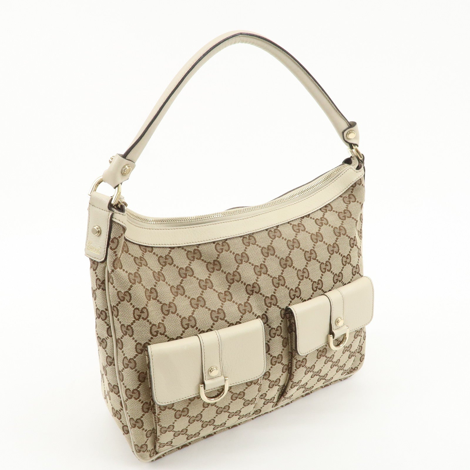 GUCCI GG Canvas Leather Shoulder Bag Beige Ivory 153025