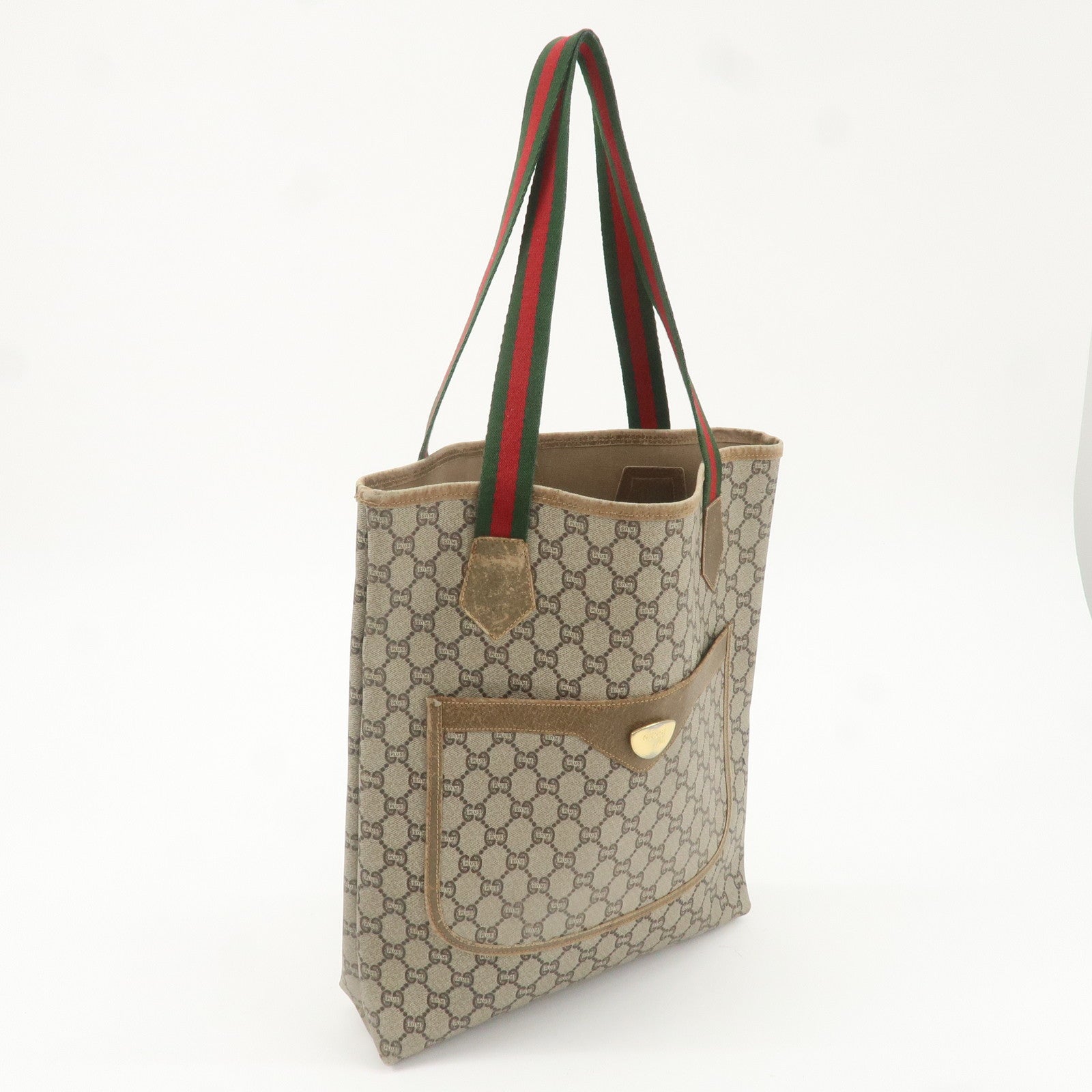 GUCCI Old Gucci Sherry GG Plus Leather Tote Bag Beige Brown